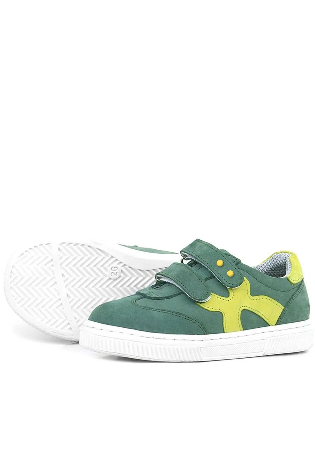 Hakiki Deri Yeşil Cırtlı Metal Detaylı Çocuk Spor Ayakkabı