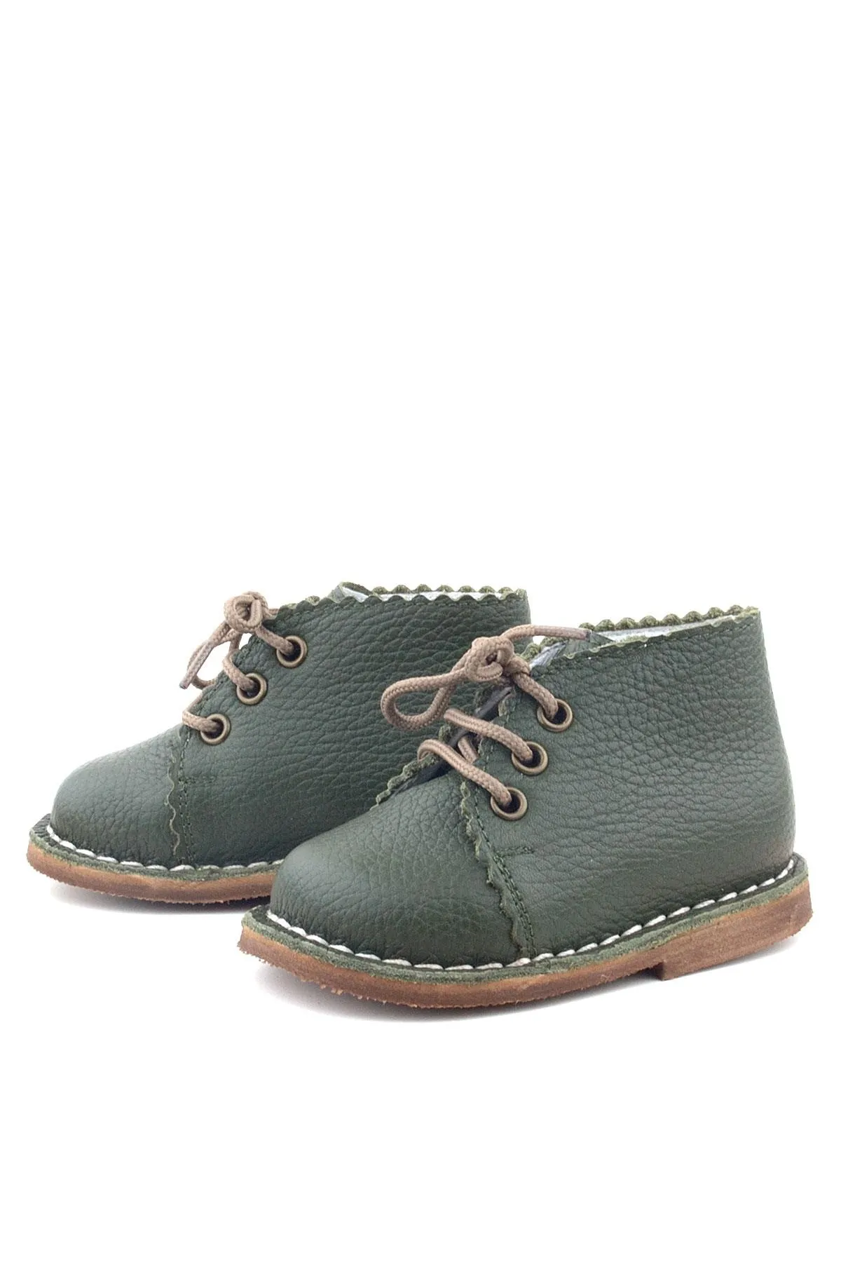 Handmade Hakiki Deri Haki Yeşil Bağcıklı Bebek Bot