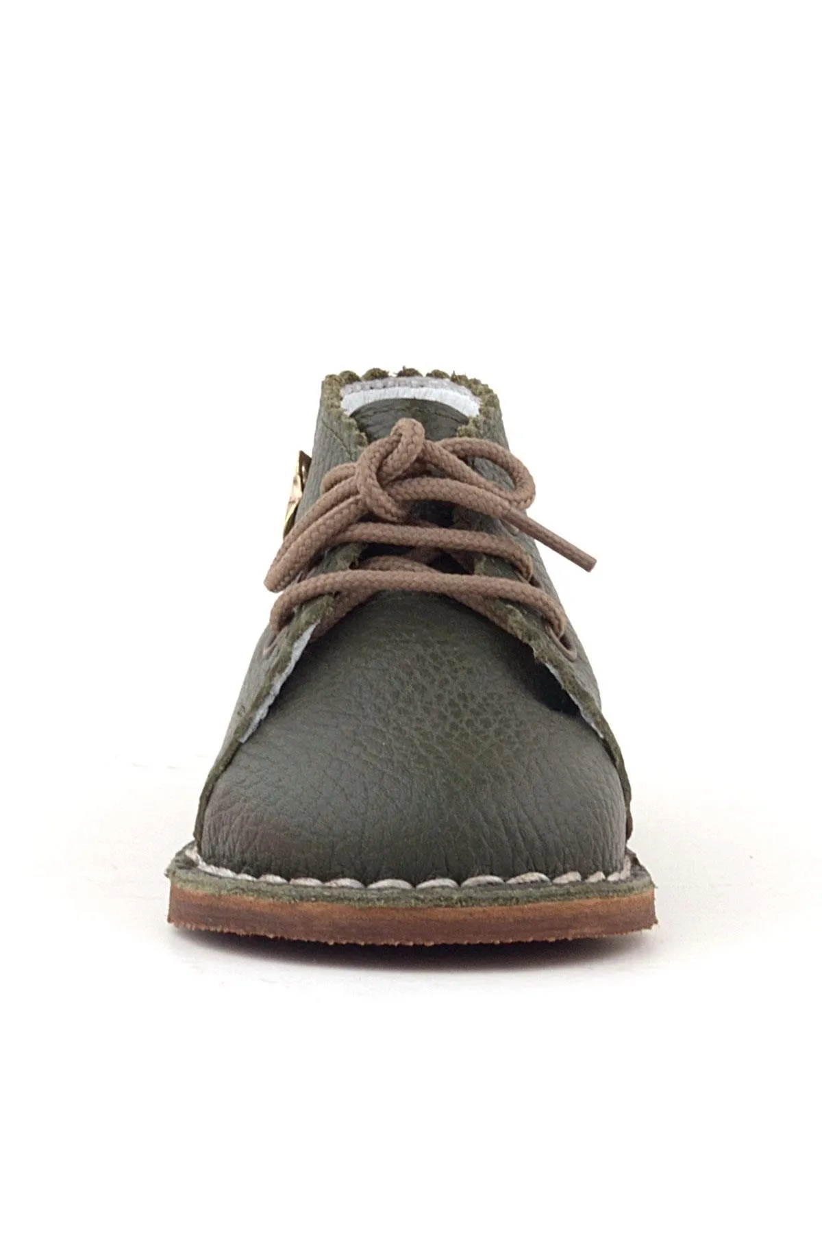 Handmade Hakiki Deri Haki Yeşil Çiçekli Bağcıklı Bebek Bot