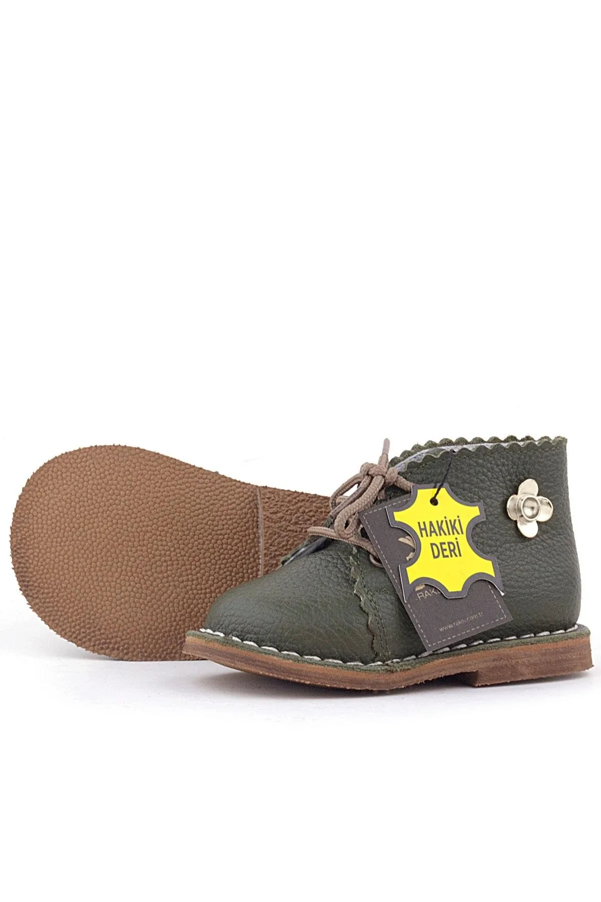 Handmade Hakiki Deri Haki Yeşil Çiçekli Bağcıklı Bebek Bot