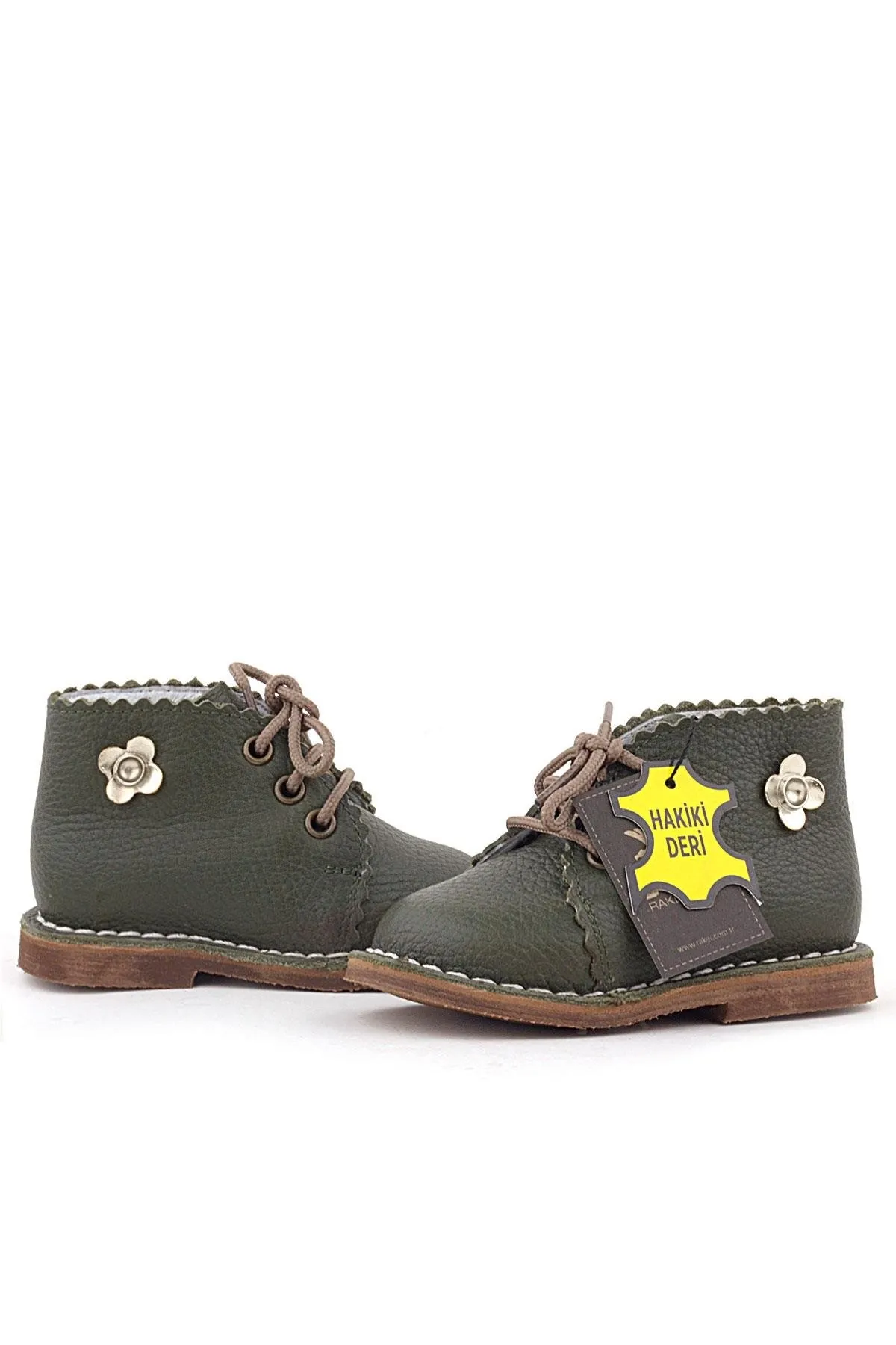 Handmade Hakiki Deri Haki Yeşil Çiçekli Bağcıklı Bebek Bot