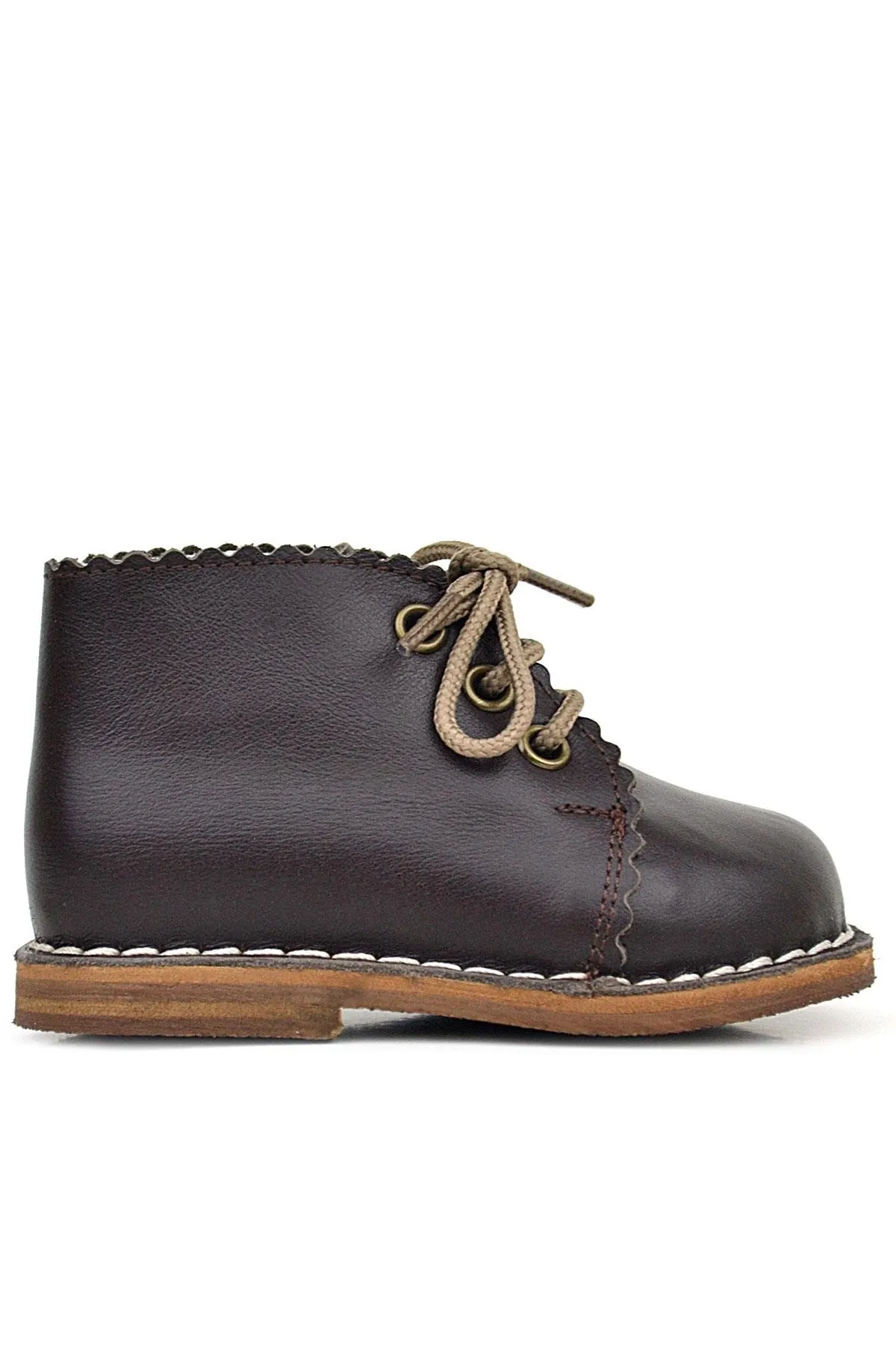 Handmade Hakiki Deri Kahverengi Bağcıklı Kız Bebek Bot