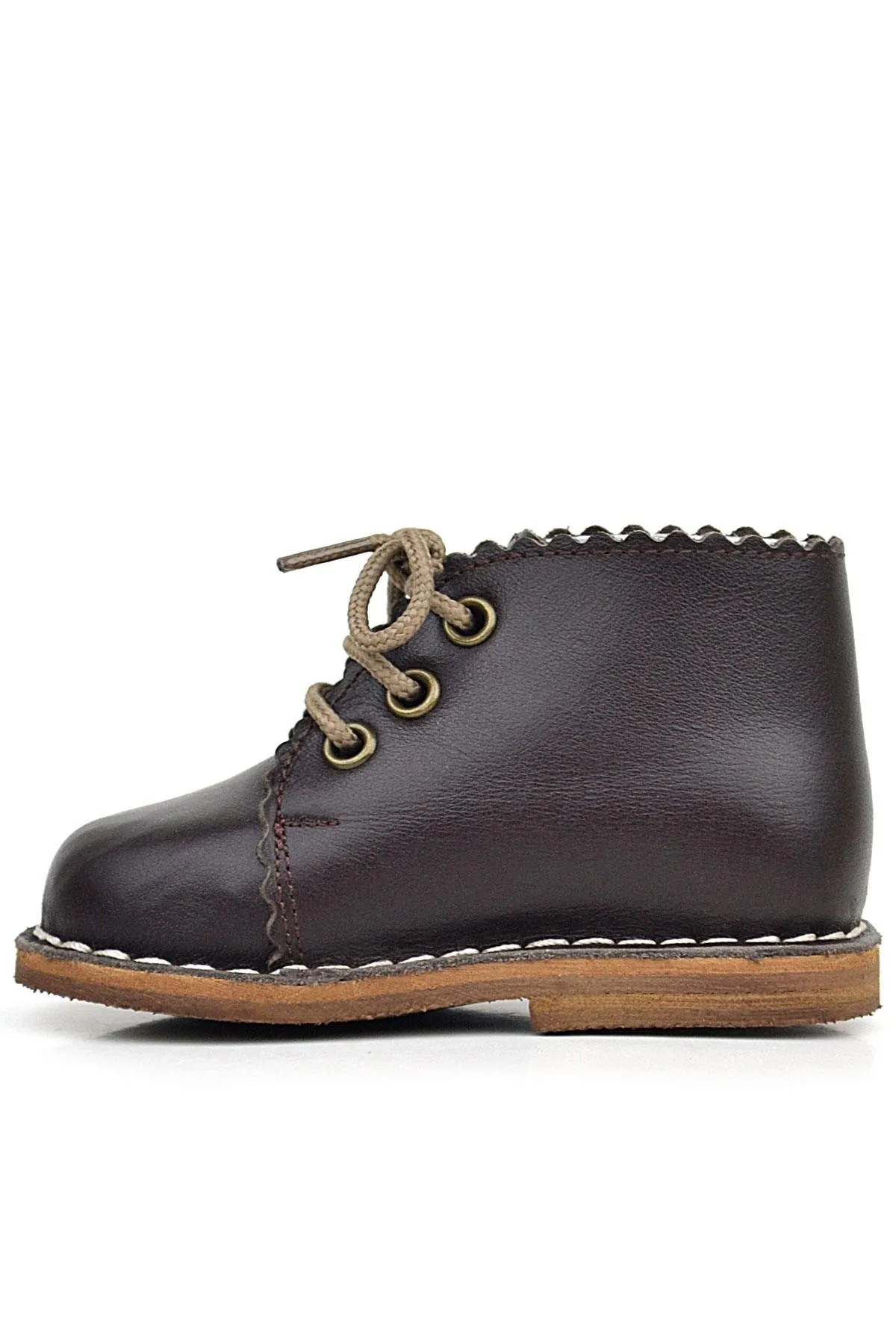 Handmade Hakiki Deri Kahverengi Bağcıklı Kız Bebek Bot