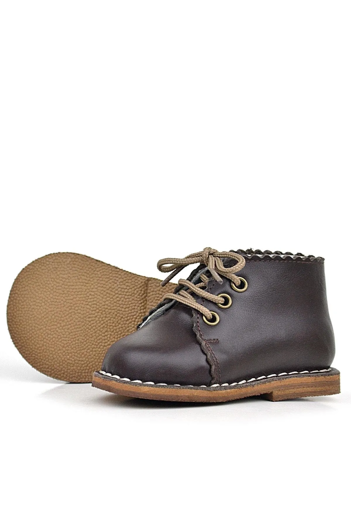 Handmade Hakiki Deri Kahverengi Bağcıklı Kız Bebek Bot