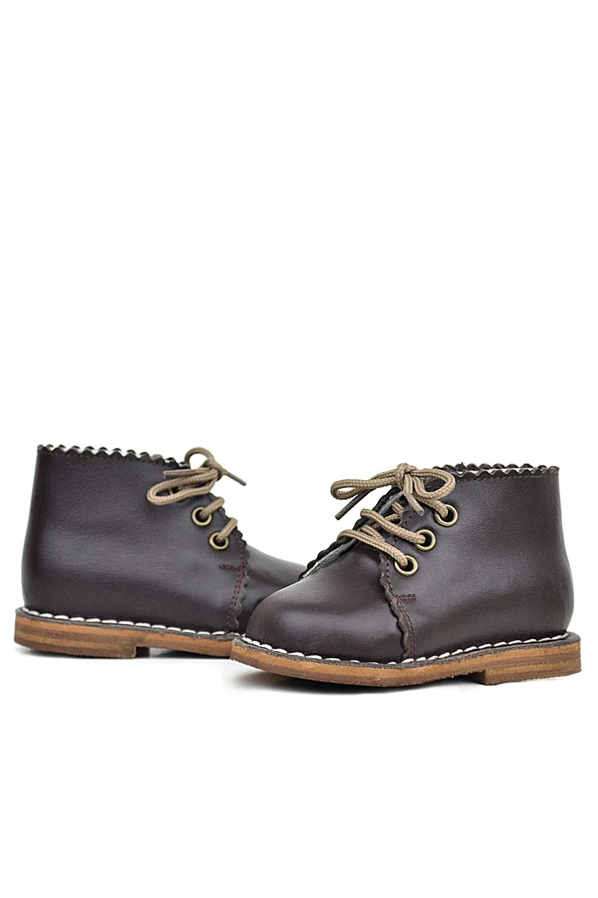 Handmade Hakiki Deri Kahverengi Bağcıklı Kız Bebek Bot