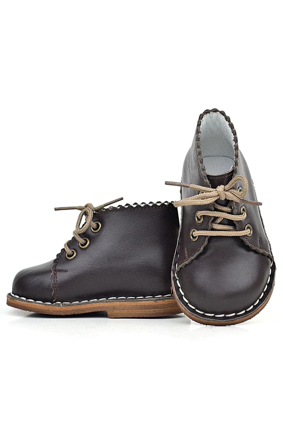 Handmade Hakiki Deri Kahverengi Bağcıklı Kız Bebek Bot