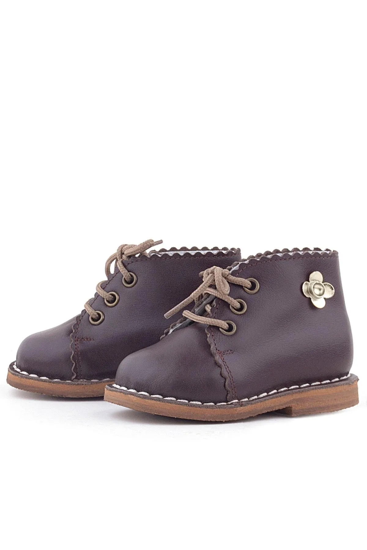 Handmade Hakiki Deri Kahverengi Çiçek Detaylı Bağcıklı Bebek Bot