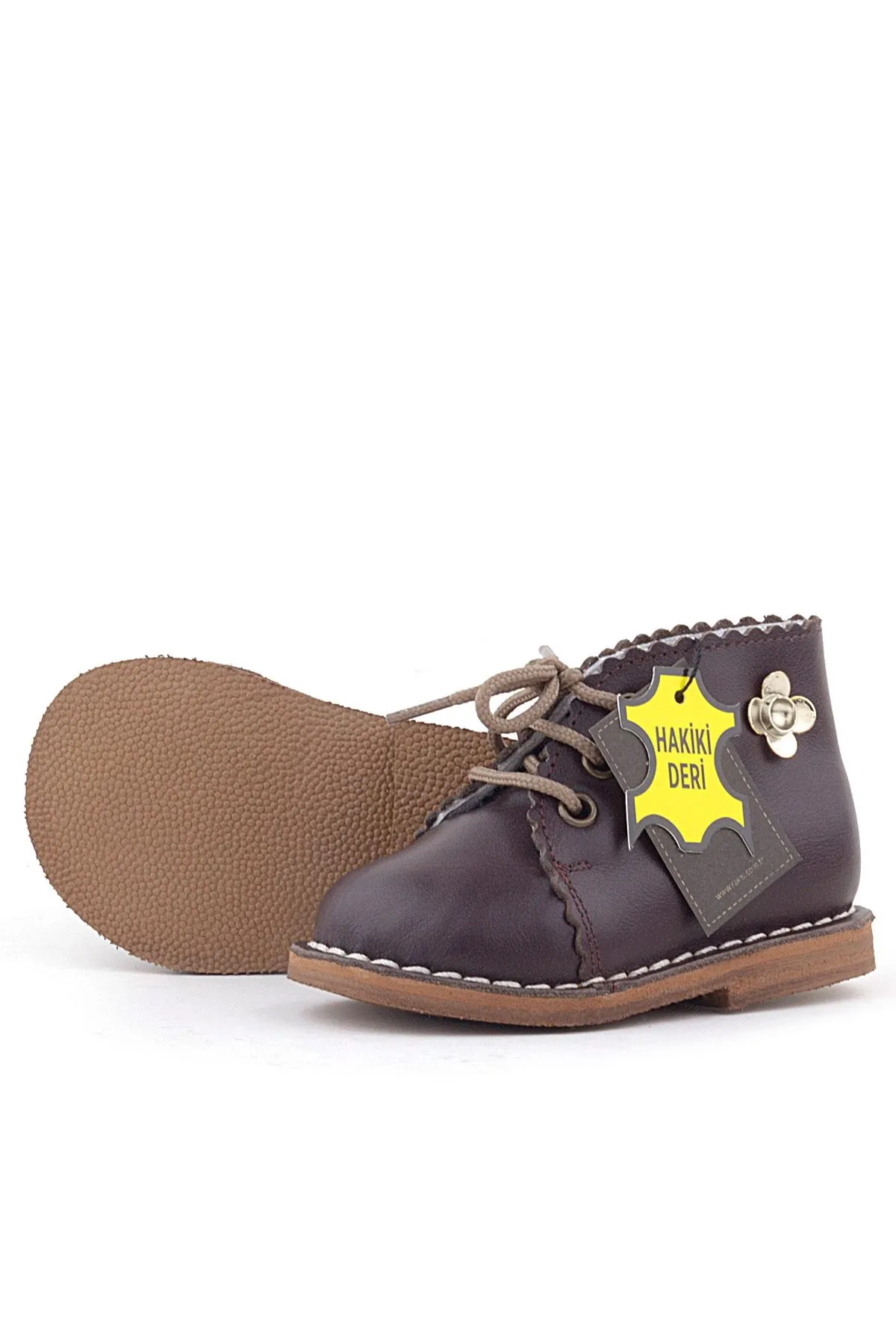 Handmade Hakiki Deri Kahverengi Çiçek Detaylı Bağcıklı Bebek Bot