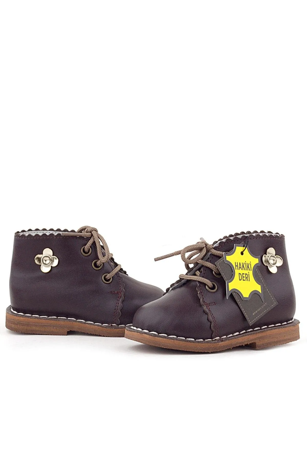 Handmade Hakiki Deri Kahverengi Çiçek Detaylı Bağcıklı Bebek Bot