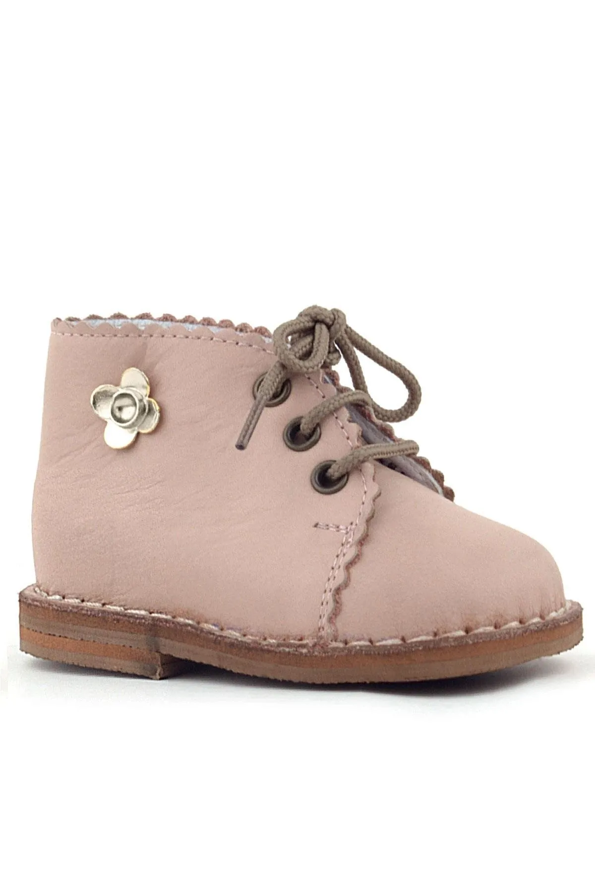 Handmade Hakiki Deri Pembe Çiçek Detaylı Bağcıklı Bebek Bot