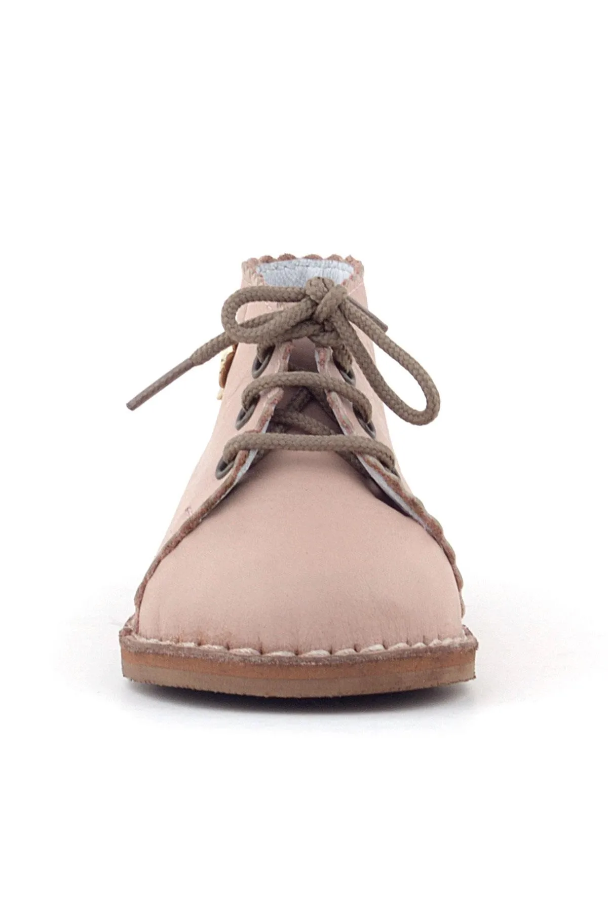 Handmade Hakiki Deri Pembe Çiçek Detaylı Bağcıklı Bebek Bot