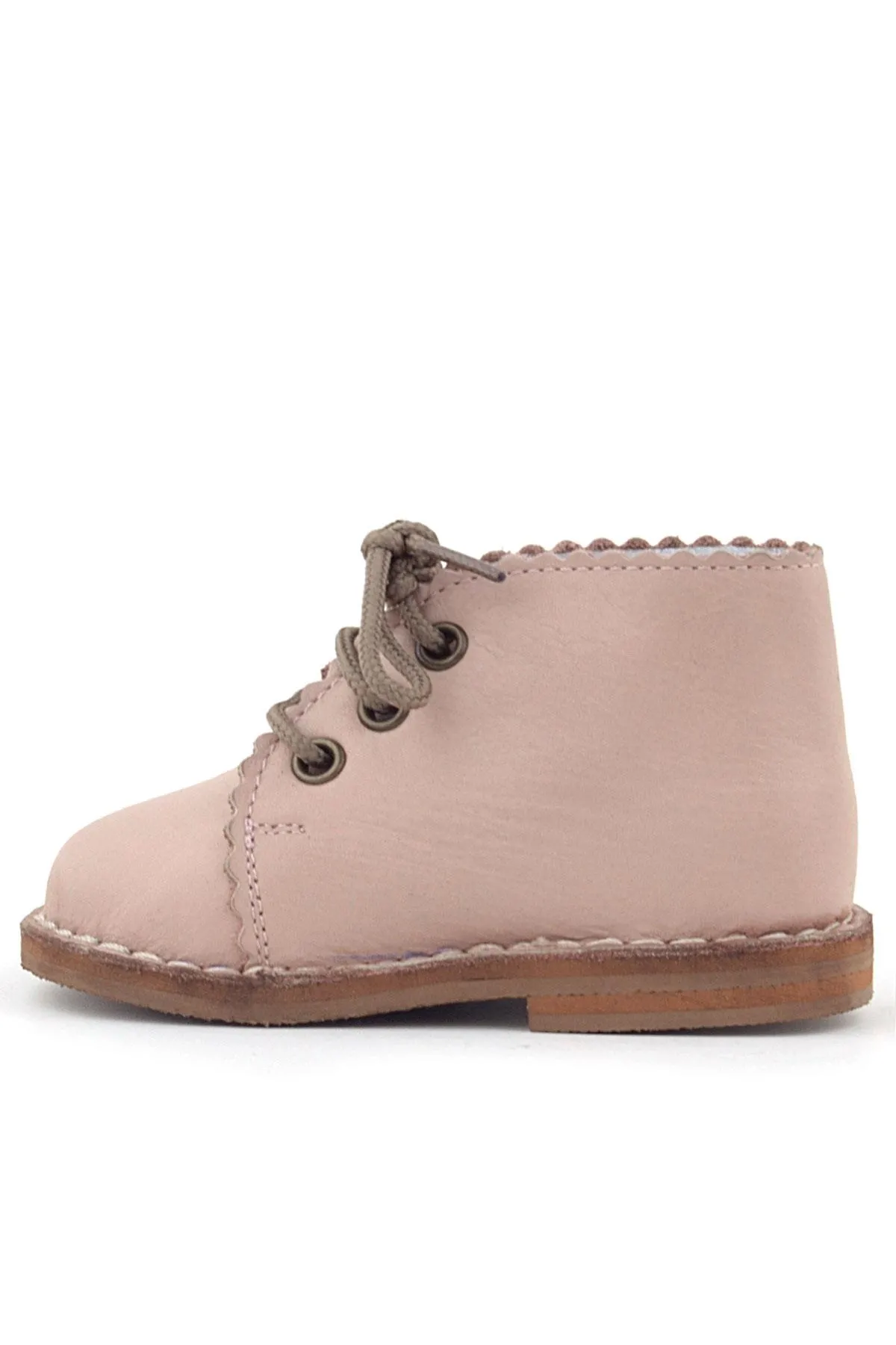 Handmade Hakiki Deri Pembe Çiçek Detaylı Bağcıklı Bebek Bot