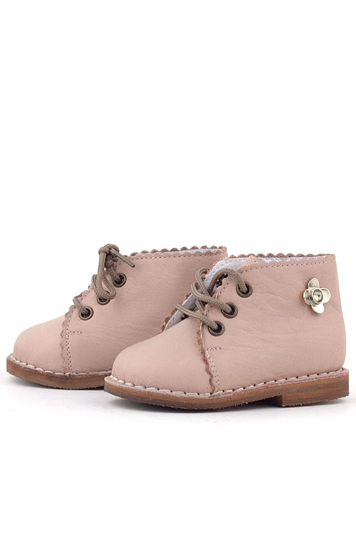 Handmade Hakiki Deri Pembe Çiçek Detaylı Bağcıklı Bebek Bot