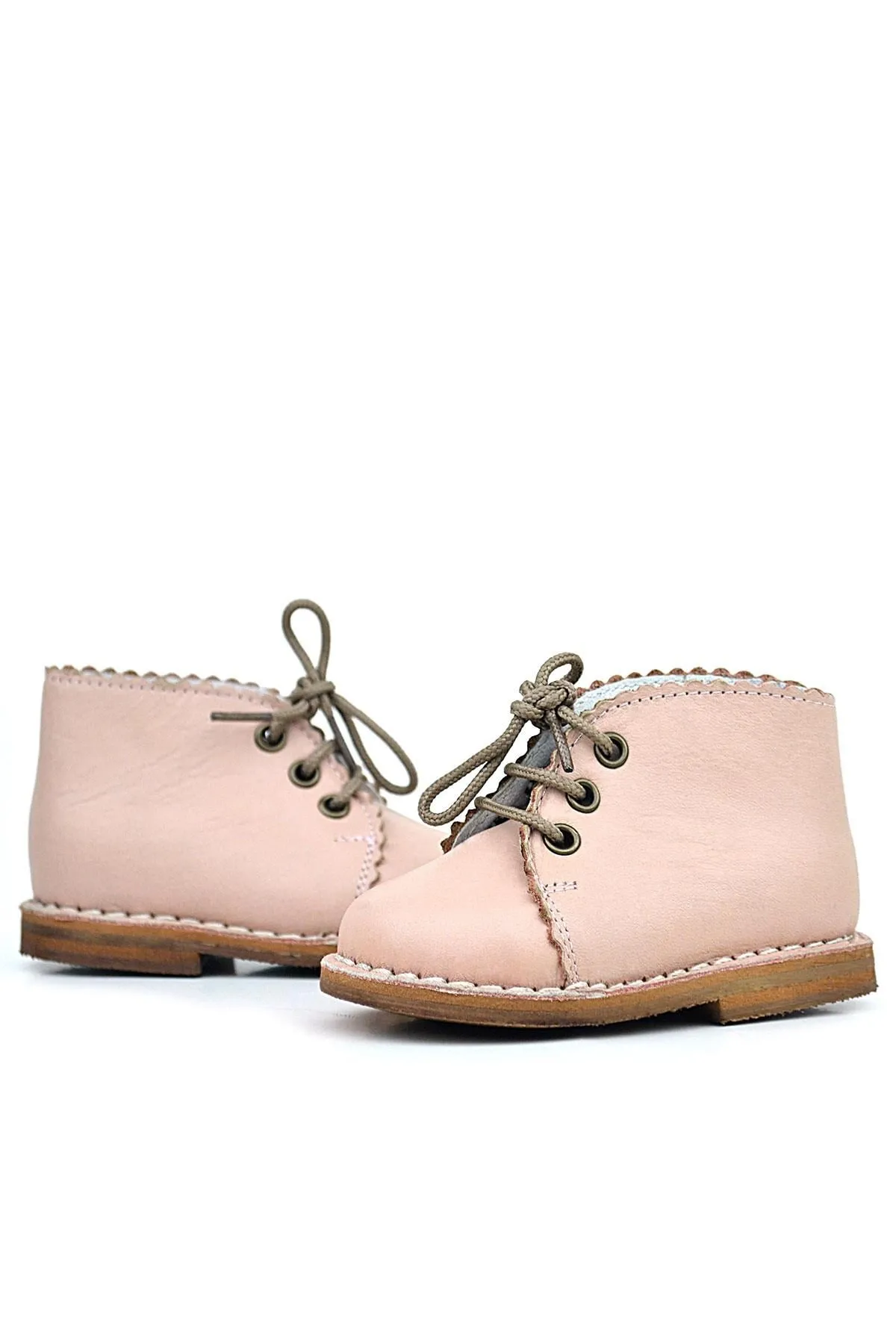 Handmade Hakiki Deri Pudra Pembe Bağcıklı Kız Bebek Bot