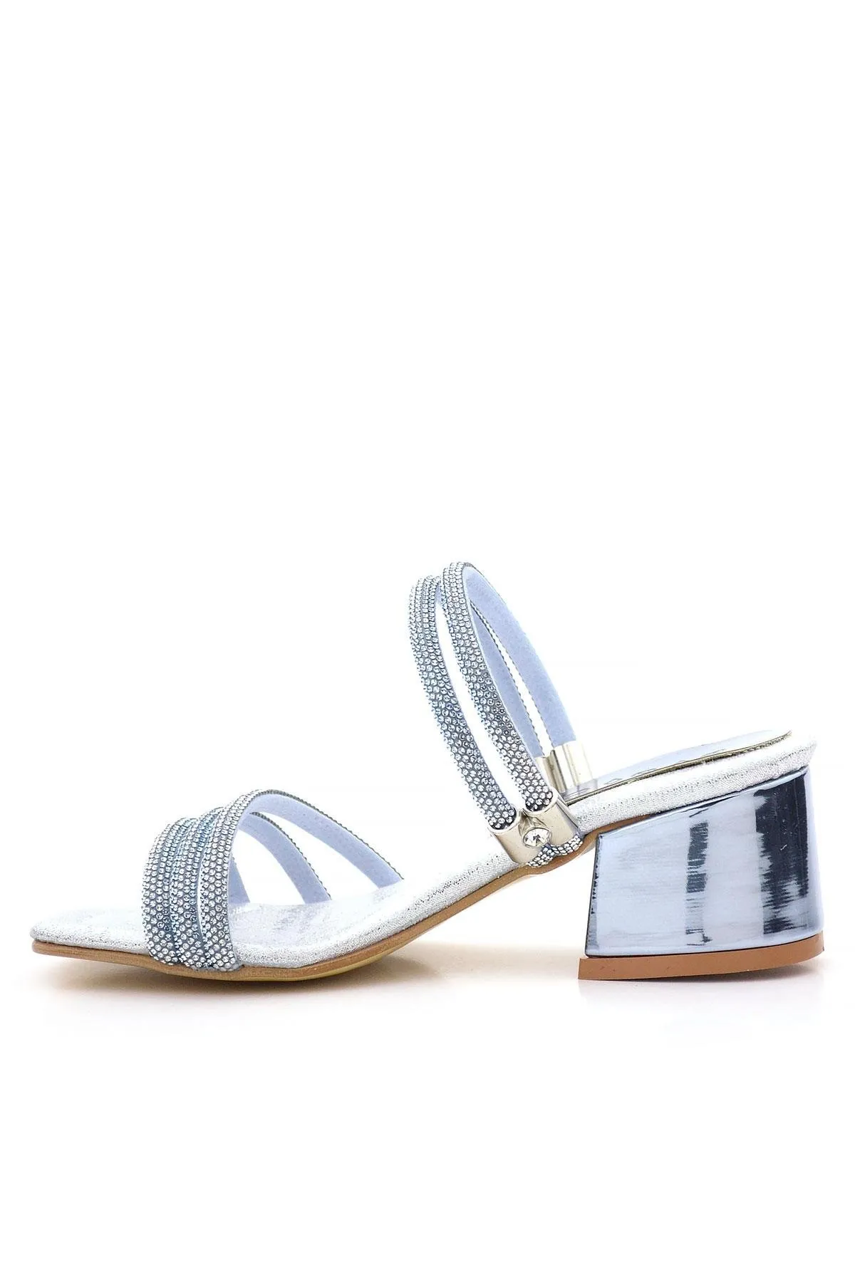 Judy Mavi Gümüş Taşlı Kız Çocuk Topuklu Terlik Ayakkabı