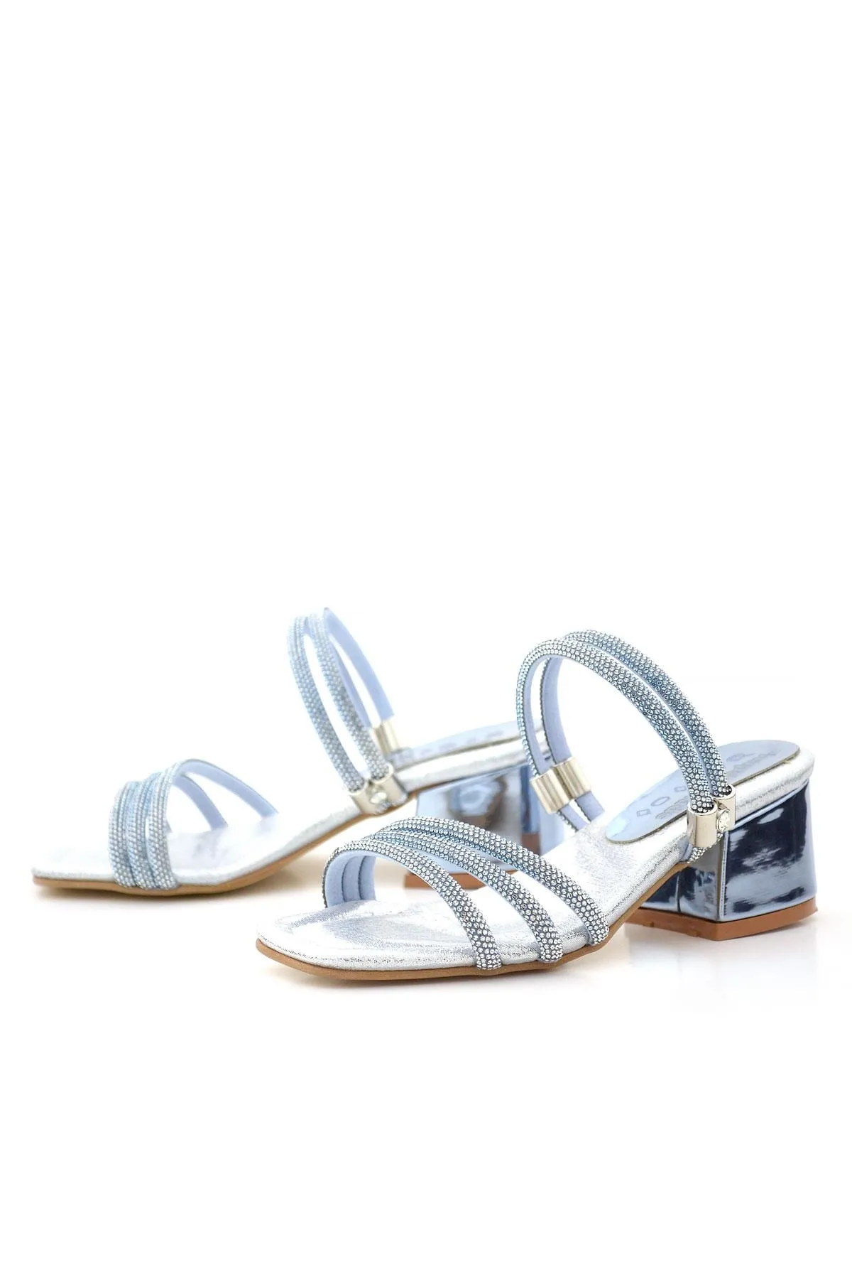 Judy Mavi Gümüş Taşlı Kız Çocuk Topuklu Terlik Ayakkabı