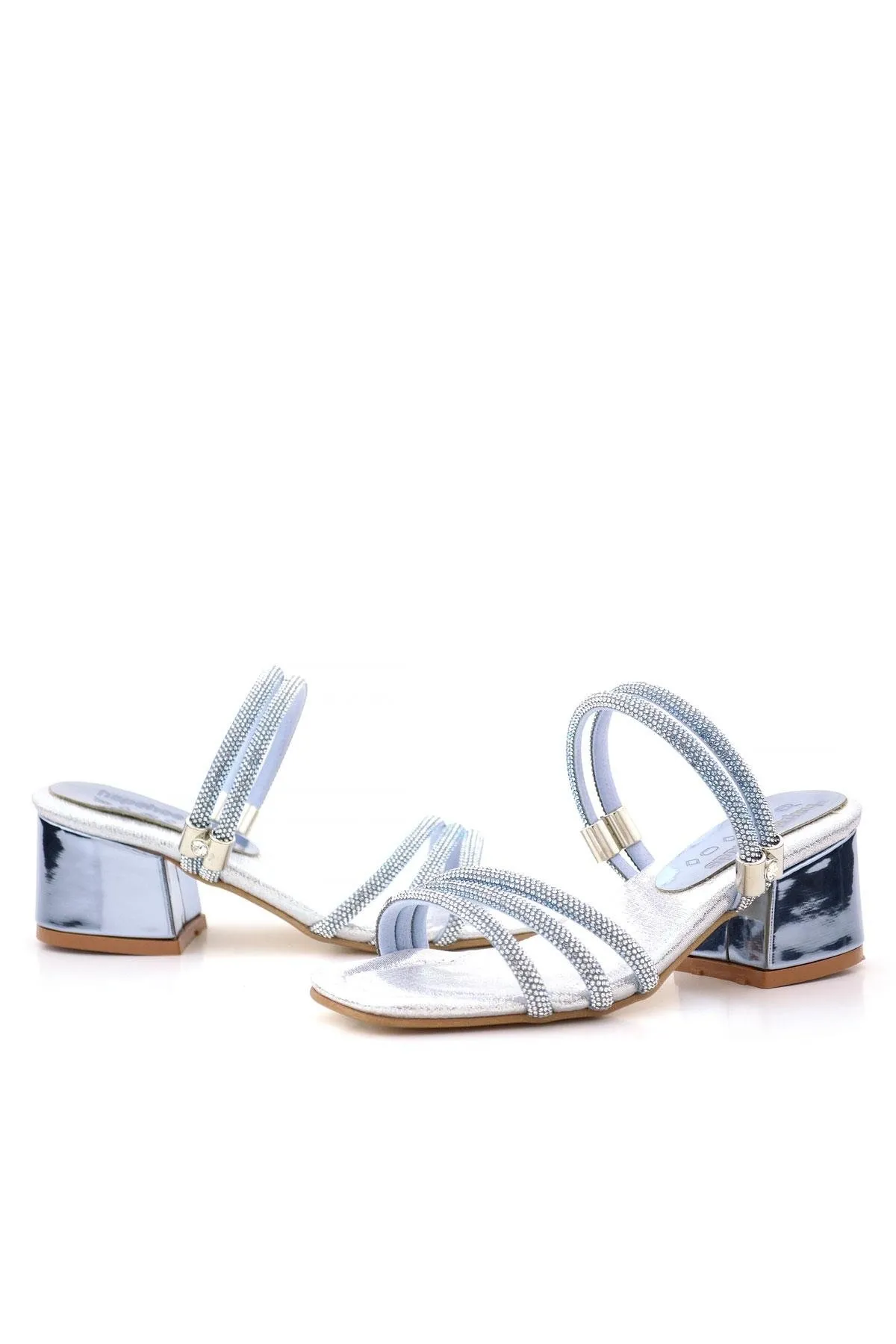 Judy Mavi Gümüş Taşlı Kız Çocuk Topuklu Terlik Ayakkabı
