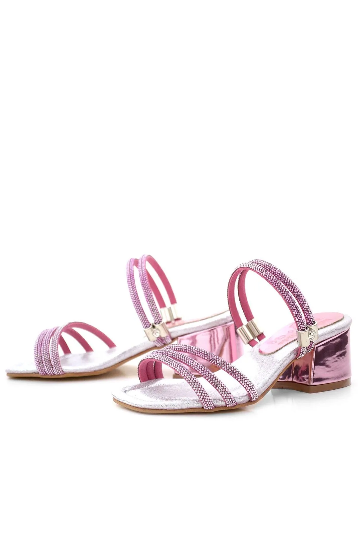 Judy Pembe Gümüş Taşlı Kız Çocuk Topuklu Terlik Ayakkabı