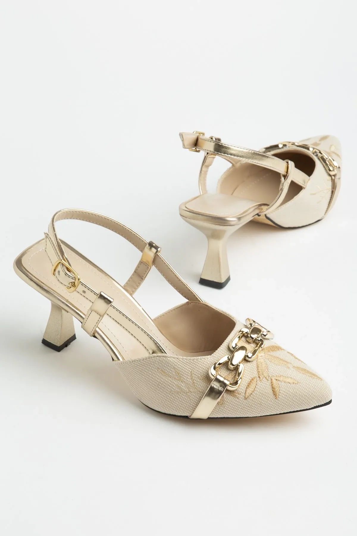 K-250 Altın Günlük Arkası Açık Tokalı Topuklu Kadın Ayakkabı