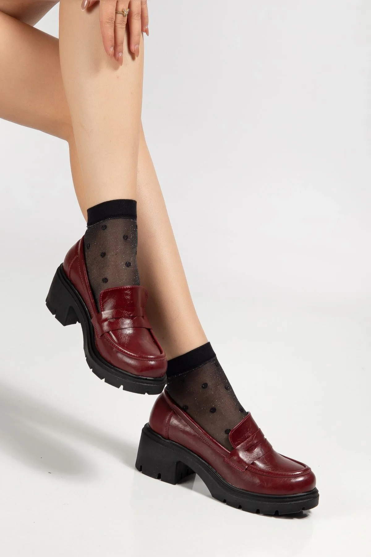 K-706 Bordo Kırışık Rugan Yüksek Tabanlı Loafer Ayakkabı