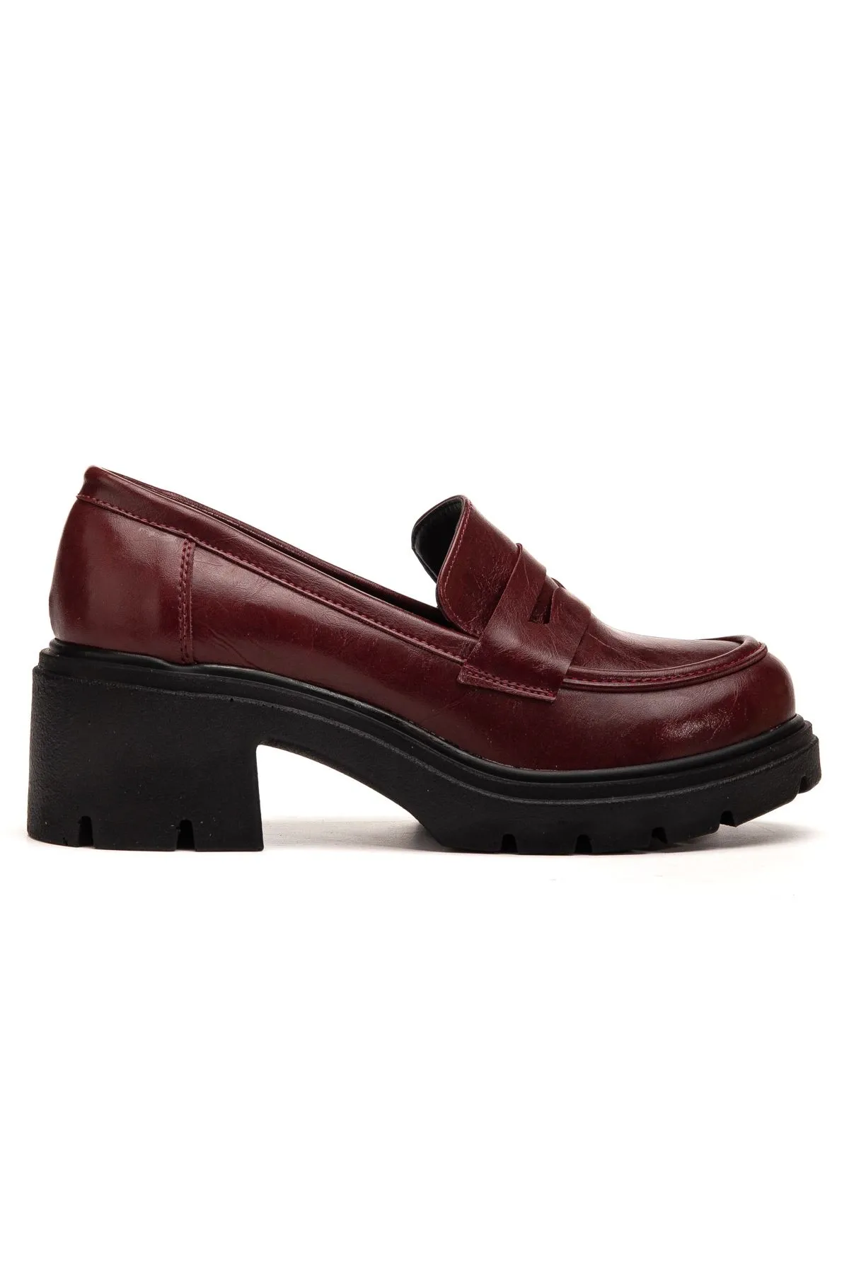 K-706 Bordo Kırışık Rugan Yüksek Tabanlı Loafer Ayakkabı