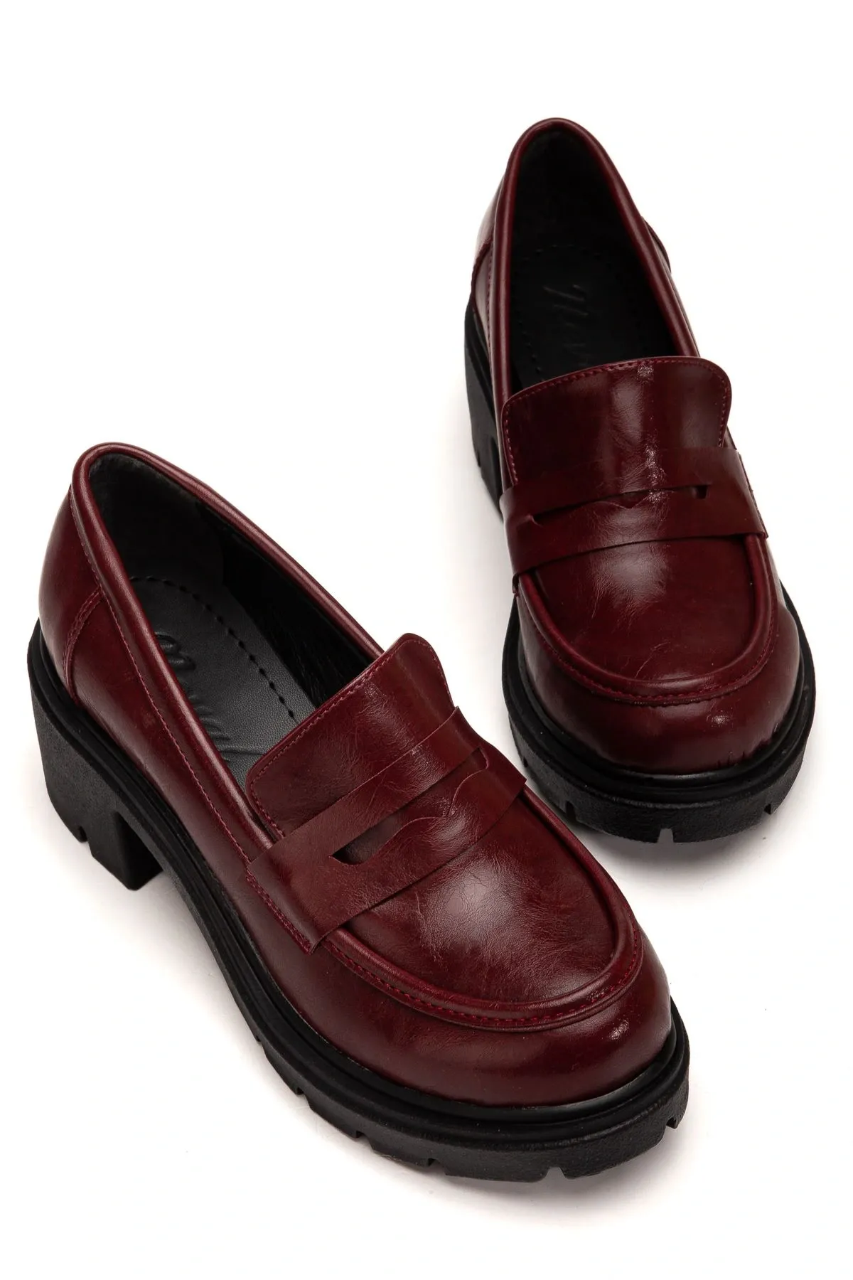 K-706 Bordo Kırışık Rugan Yüksek Tabanlı Loafer Ayakkabı