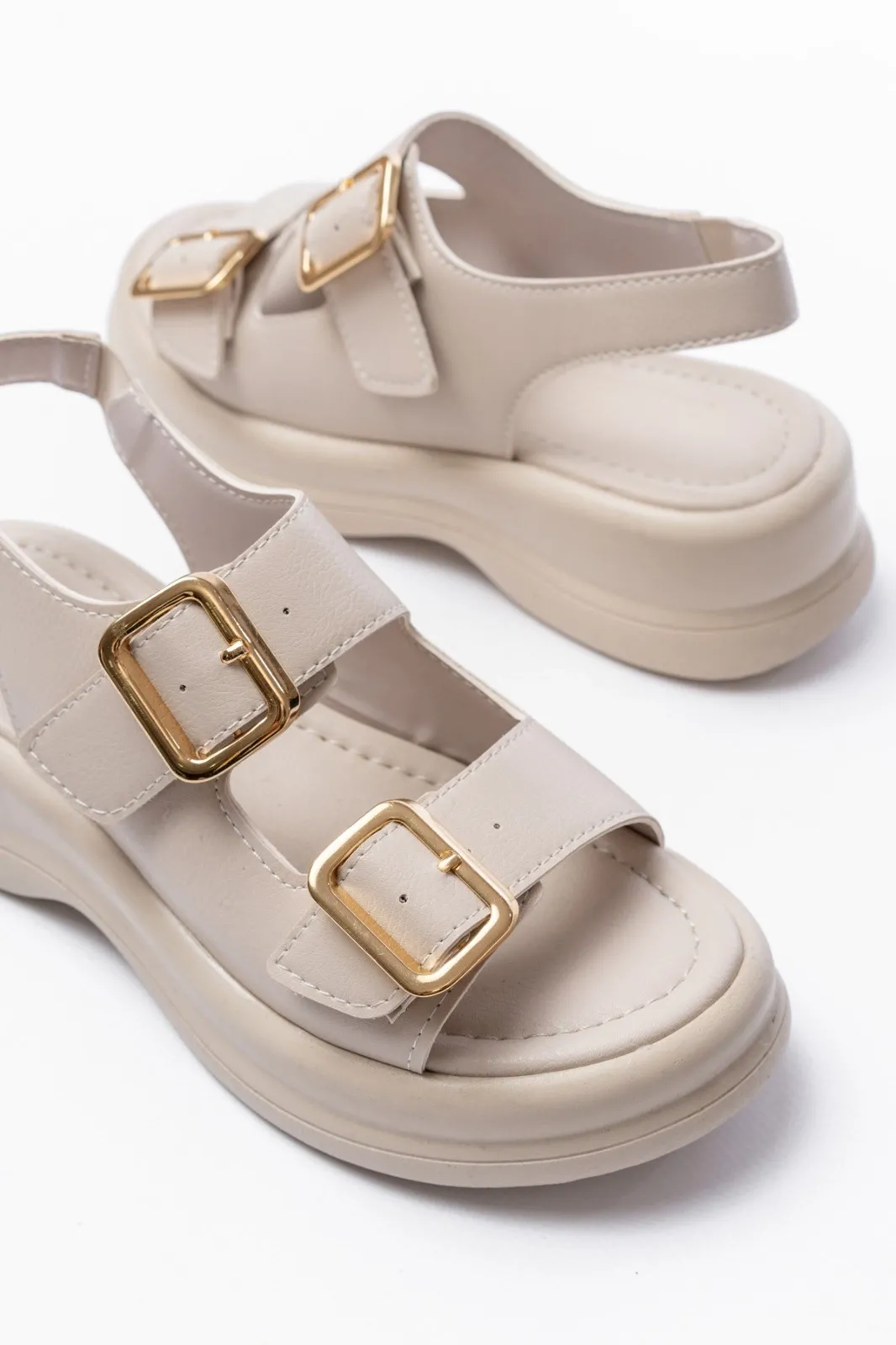 Kaji Bej Cilt Çift Tokalı Sandalet