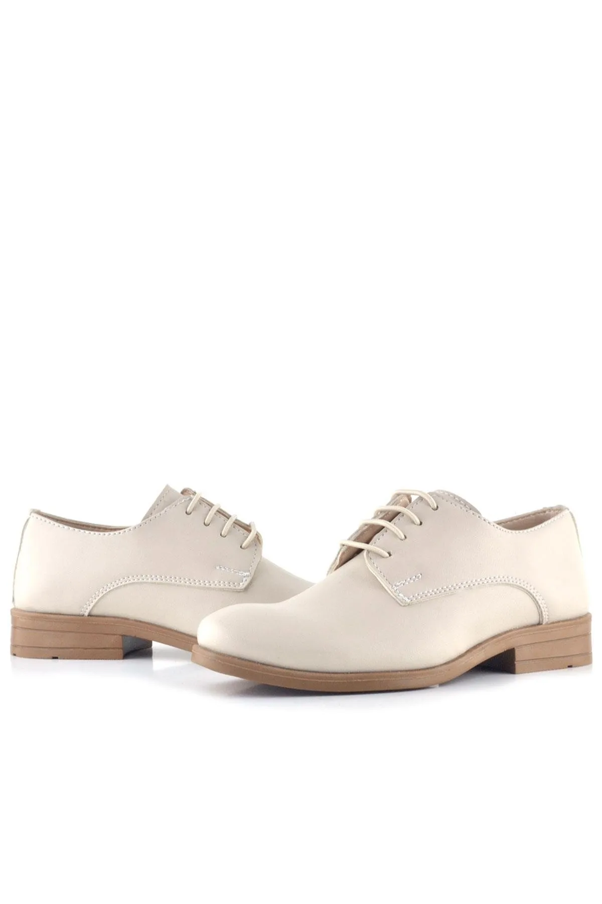 Krem Cilt Bağcıklı Oxford Çocuk Okul Ayakkabısı