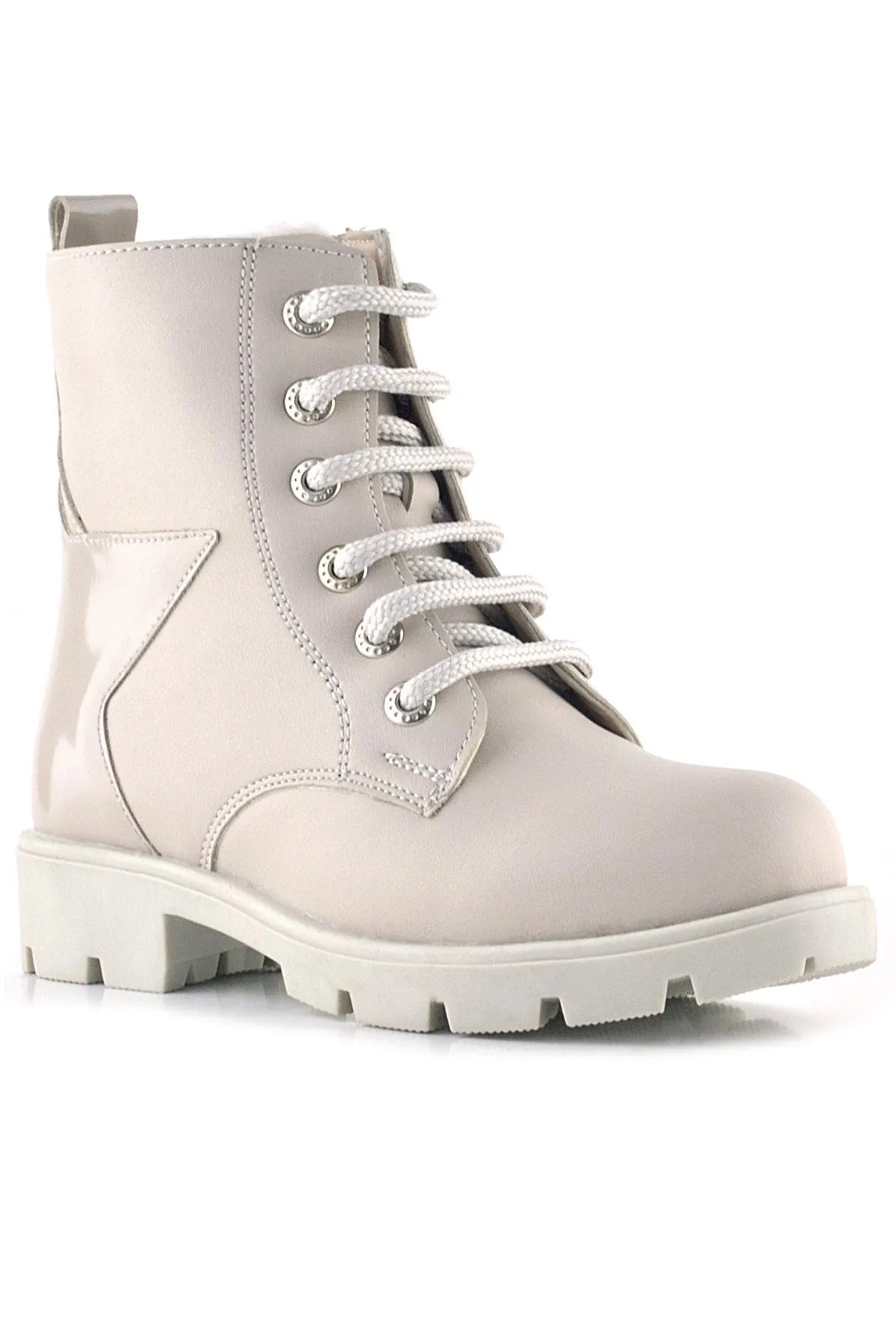 Krem Yıldız Detaylı Bağcıklı Fermuarlı Kız Çocuk Bot