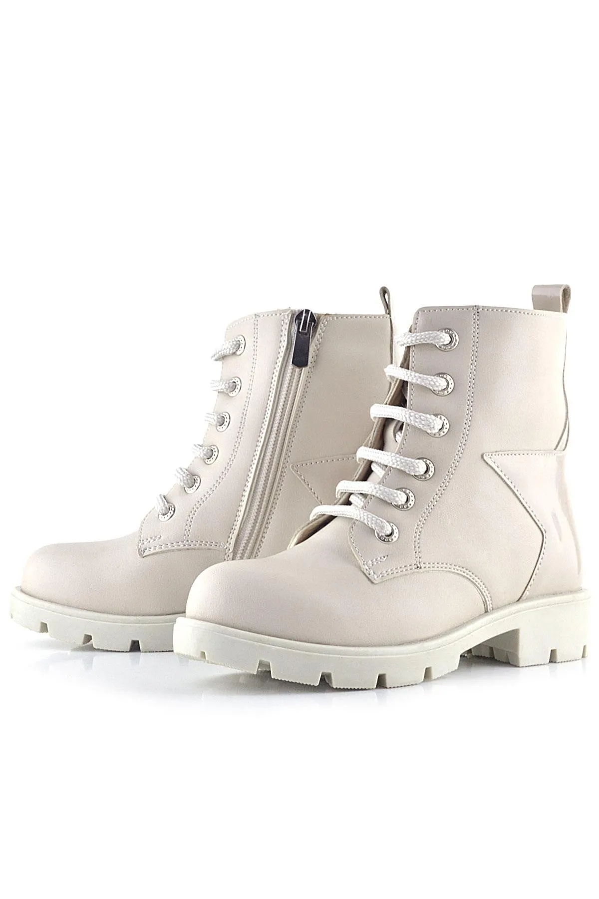 Krem Yıldız Detaylı Bağcıklı Fermuarlı Kız Çocuk Bot