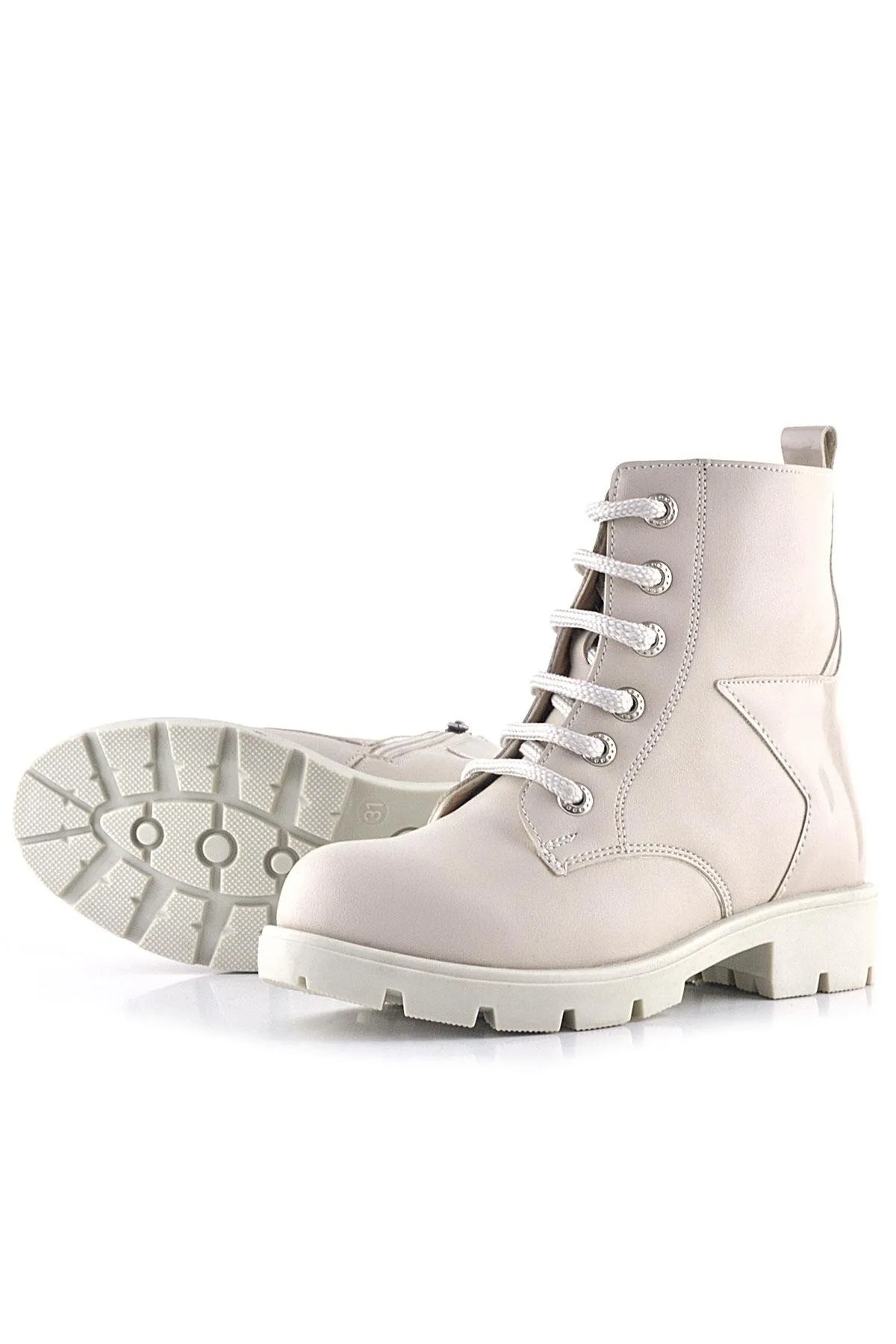 Krem Yıldız Detaylı Bağcıklı Fermuarlı Kız Çocuk Bot