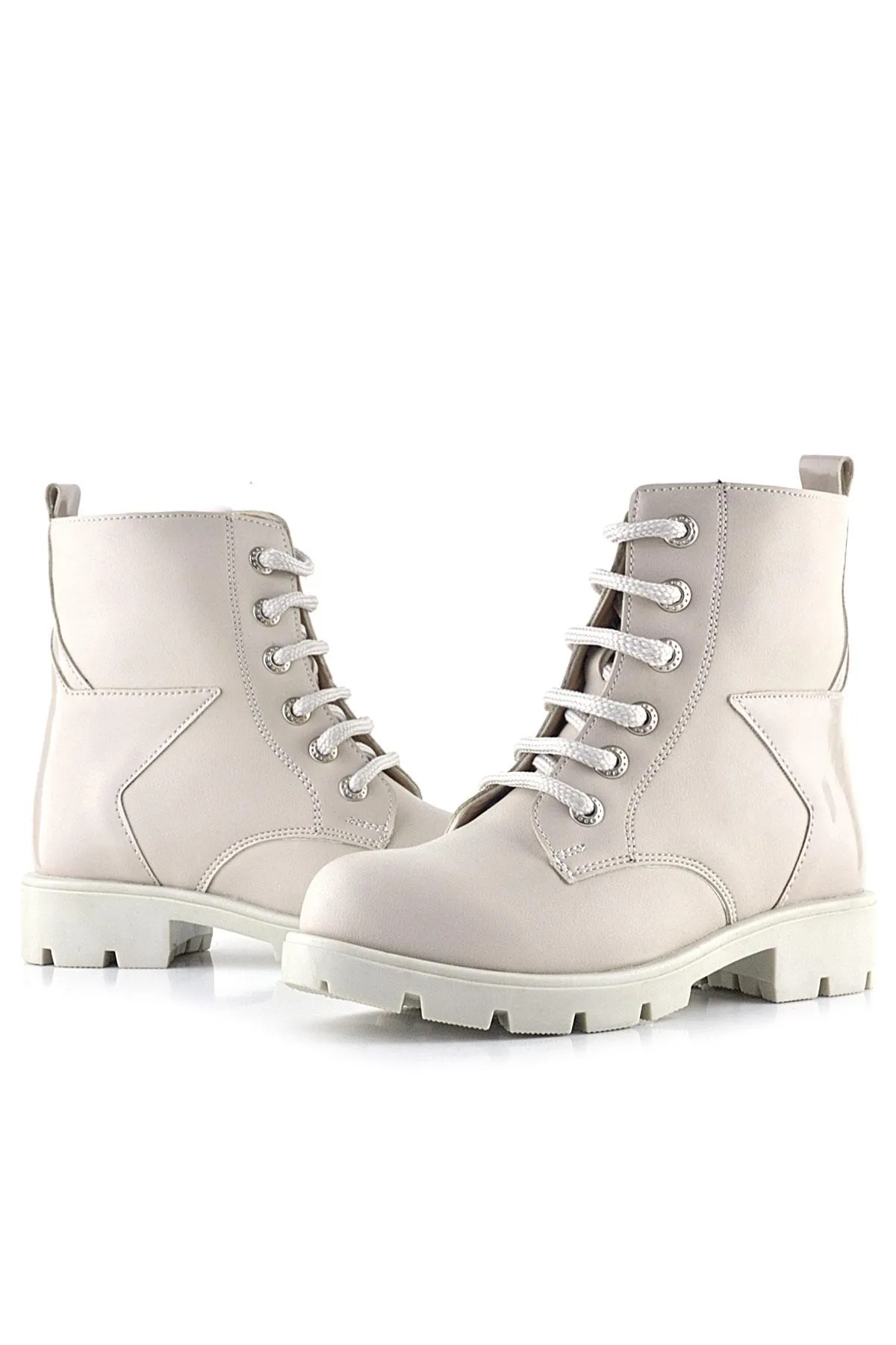 Krem Yıldız Detaylı Bağcıklı Fermuarlı Kız Çocuk Bot