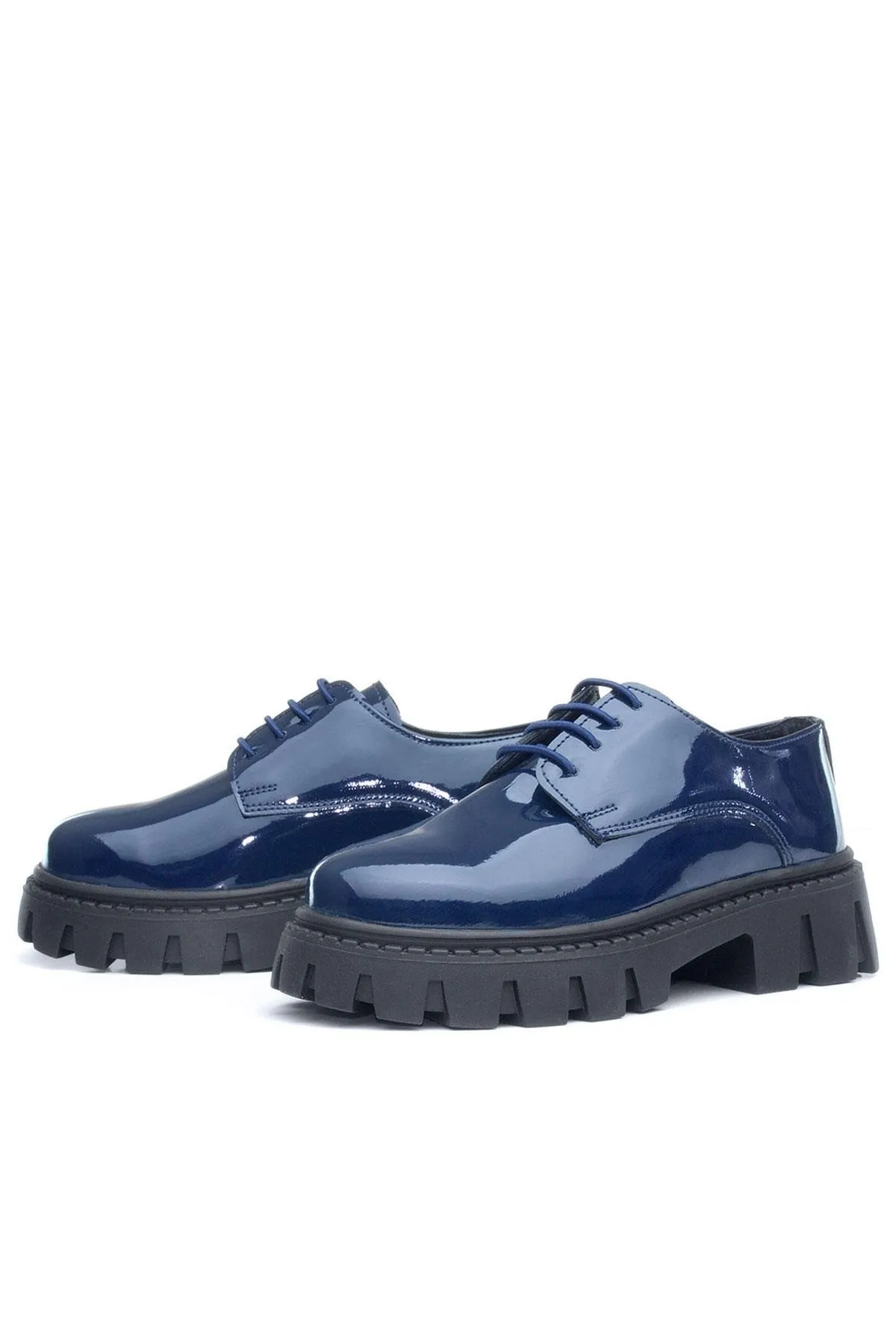 Lacivert Rugan Bağcıklı Kız Çocuk Oxford Okul Ayakkabı