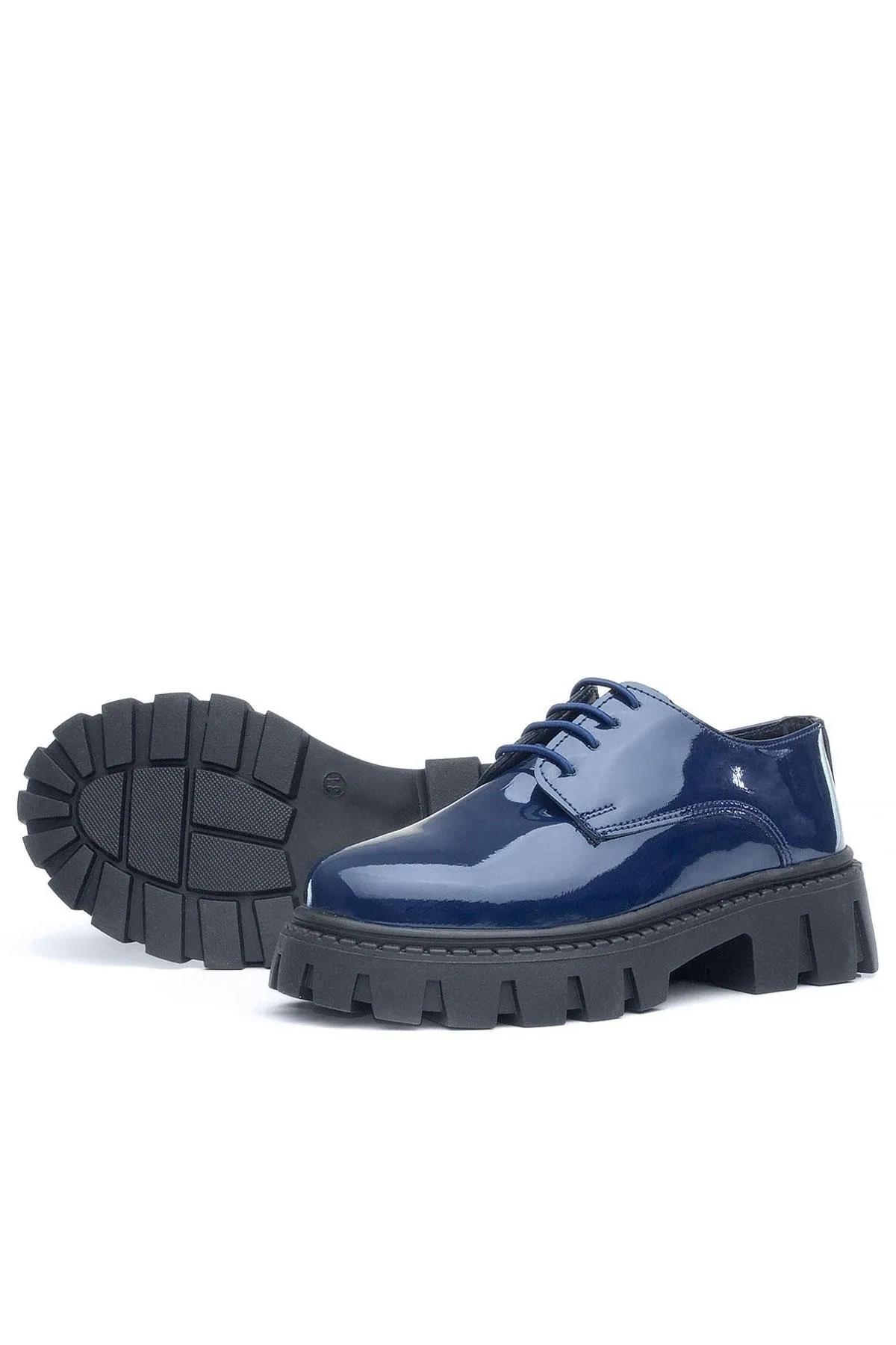 Lacivert Rugan Bağcıklı Kız Çocuk Oxford Okul Ayakkabı