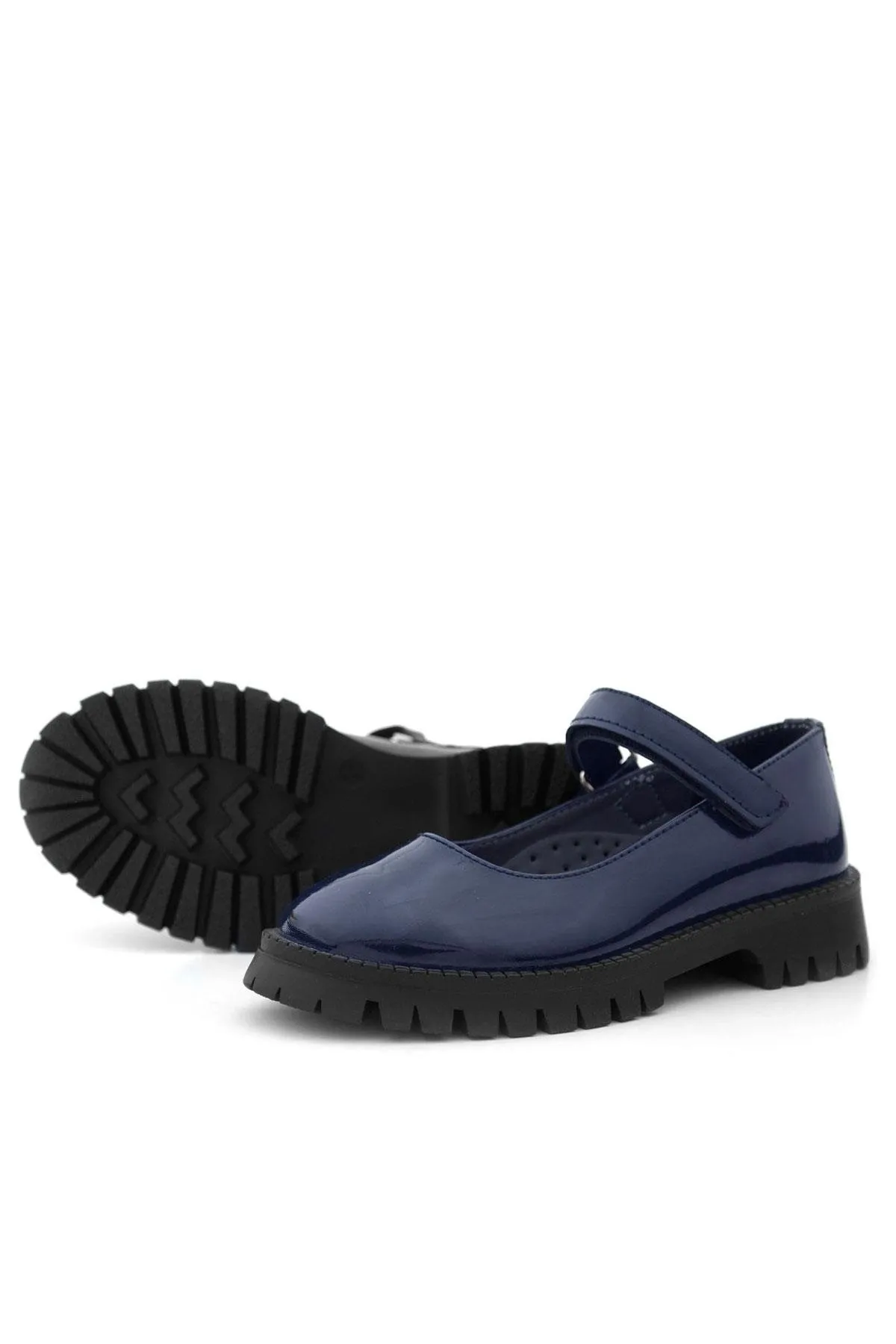 Lacivert Rugan Cırtlı Kalın Tabanlı Kız Çocuk Okul Ayakkabısı