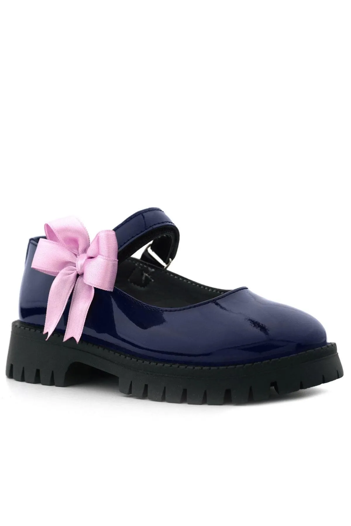 Lacivert Rugan Cırtlı Kalın Tabanlı Kurdeleli Kız Çocuk Okul Ayakkabısı