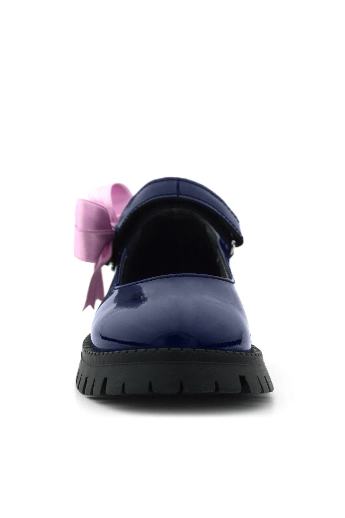 Lacivert Rugan Cırtlı Kalın Tabanlı Kurdeleli Kız Çocuk Okul Ayakkabısı