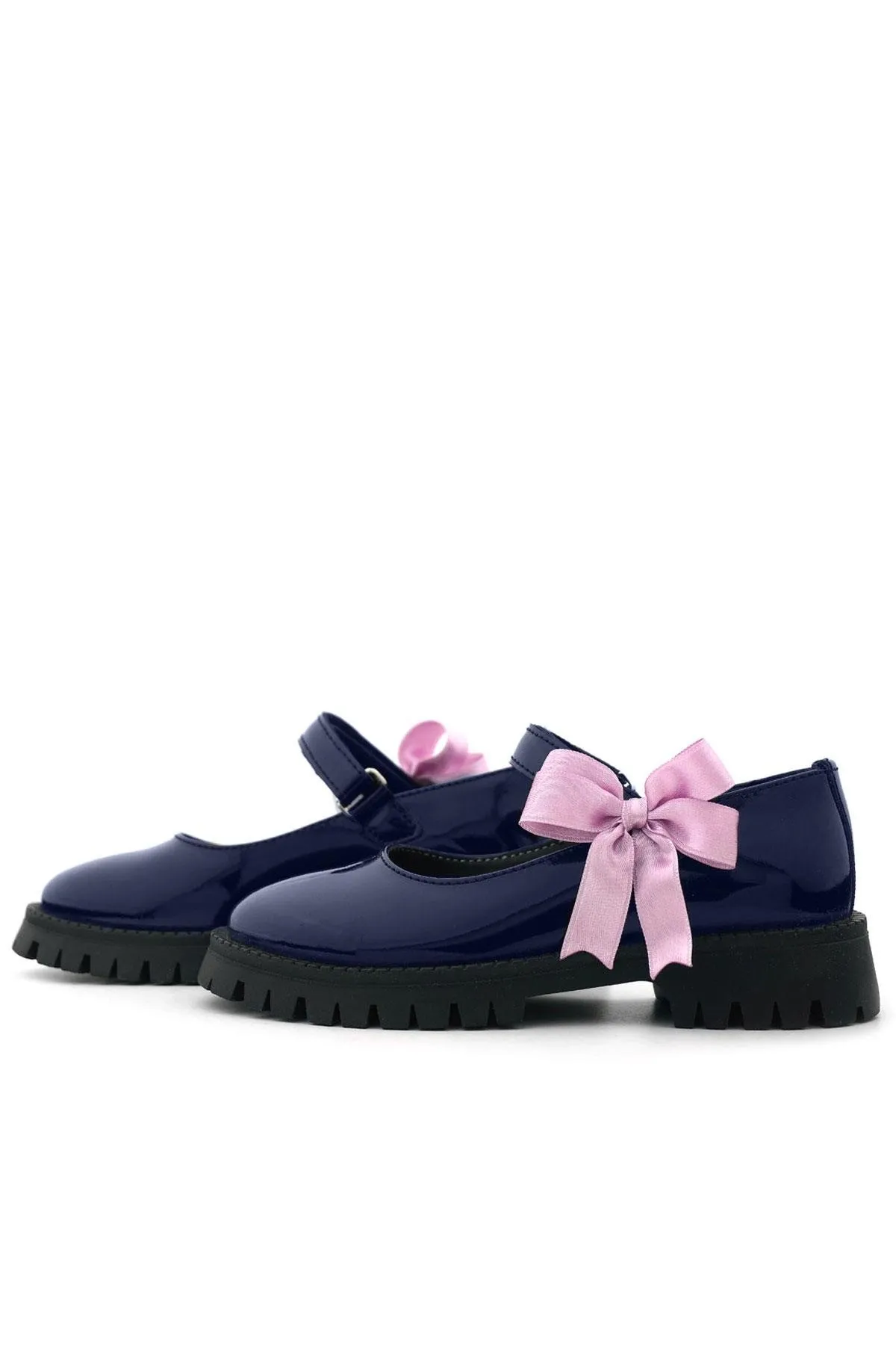 Lacivert Rugan Cırtlı Kalın Tabanlı Kurdeleli Kız Çocuk Okul Ayakkabısı