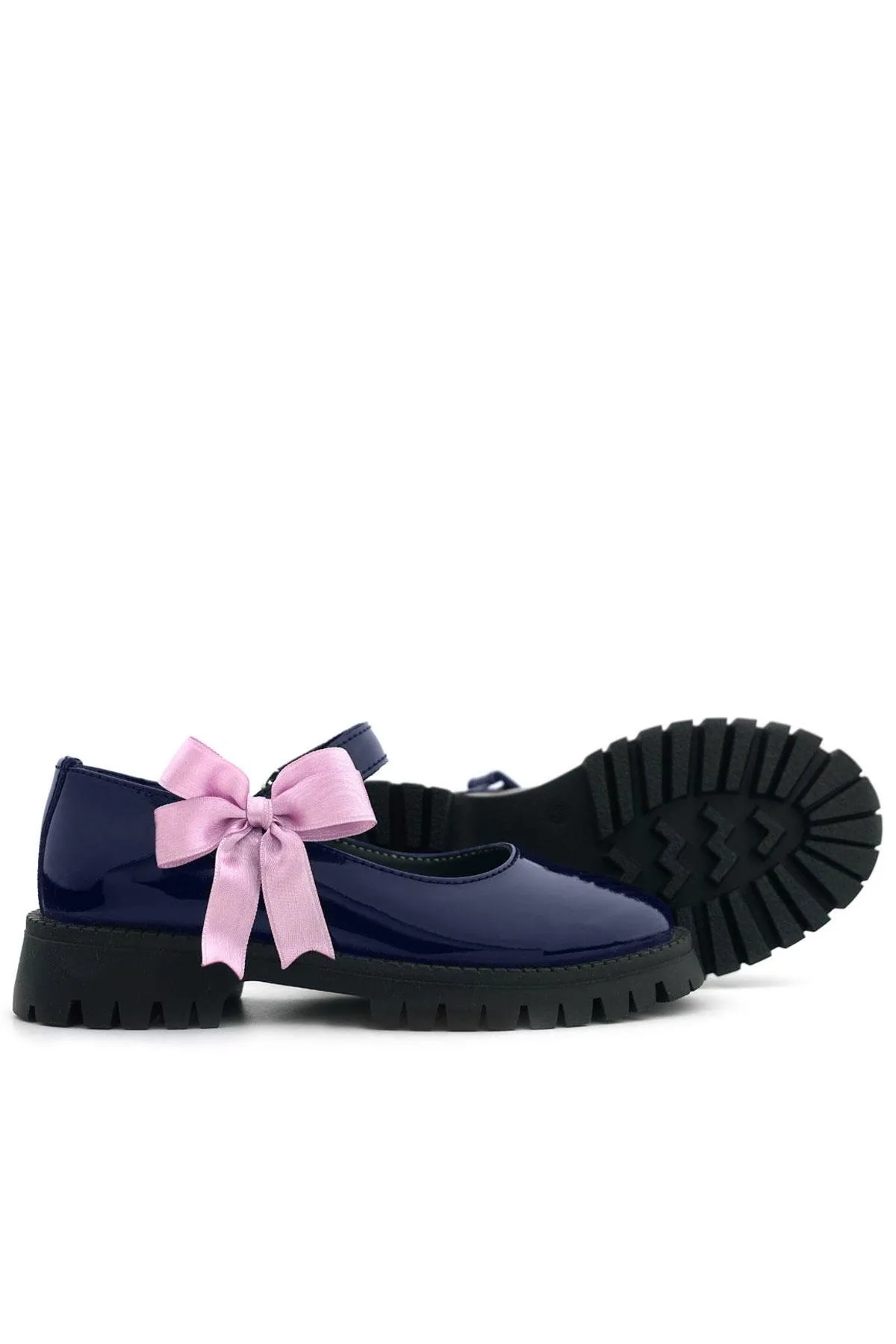 Lacivert Rugan Cırtlı Kalın Tabanlı Kurdeleli Kız Çocuk Okul Ayakkabısı