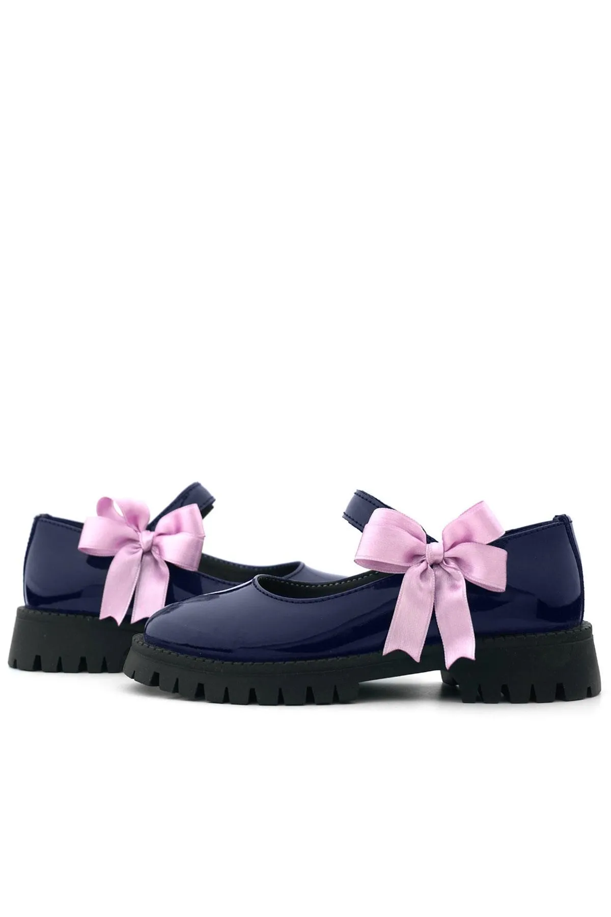 Lacivert Rugan Cırtlı Kalın Tabanlı Kurdeleli Kız Çocuk Okul Ayakkabısı