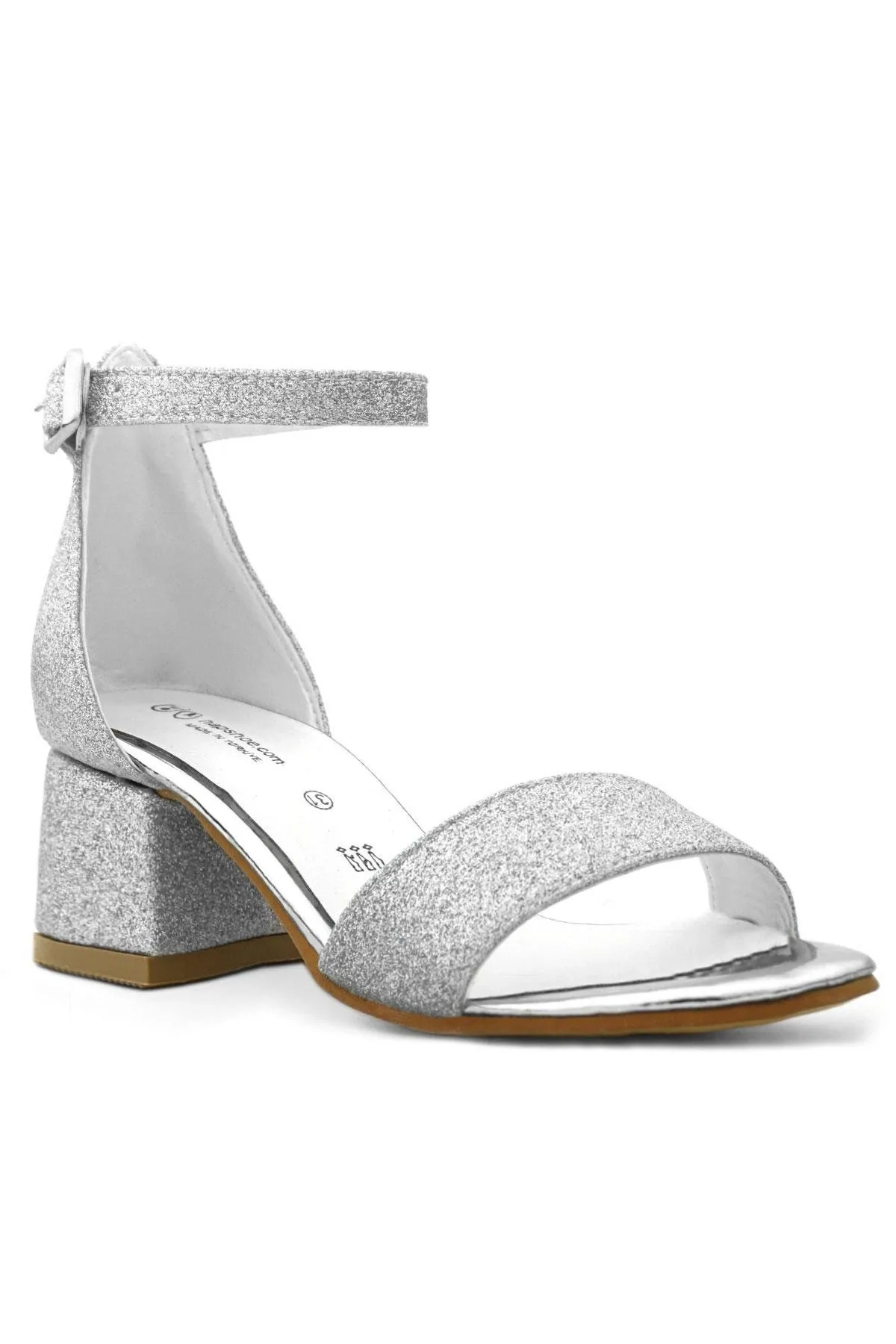 Lilo Simli Gümüş Tek Bantlı Kız Çocuk Topuklu Abiye Ayakkabı