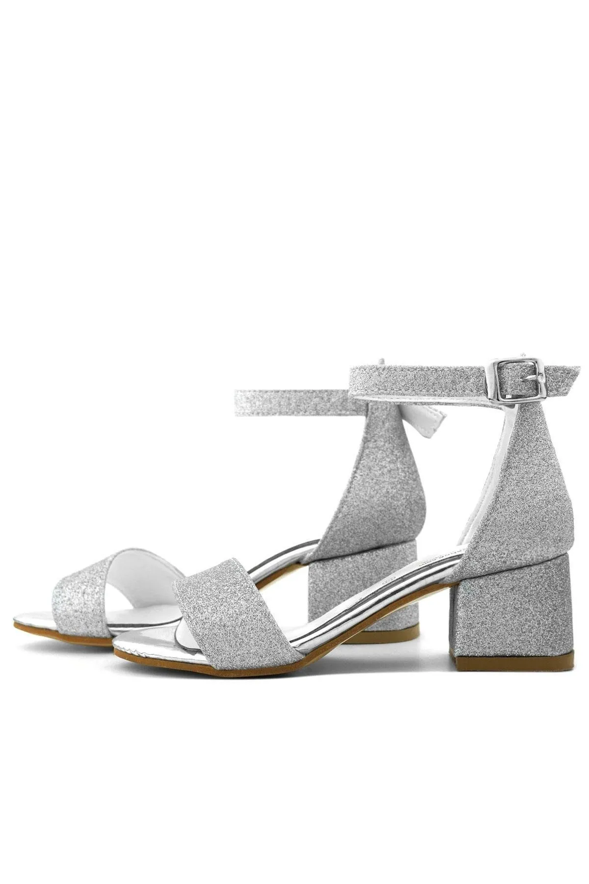 Lilo Simli Gümüş Tek Bantlı Kız Çocuk Topuklu Abiye Ayakkabı