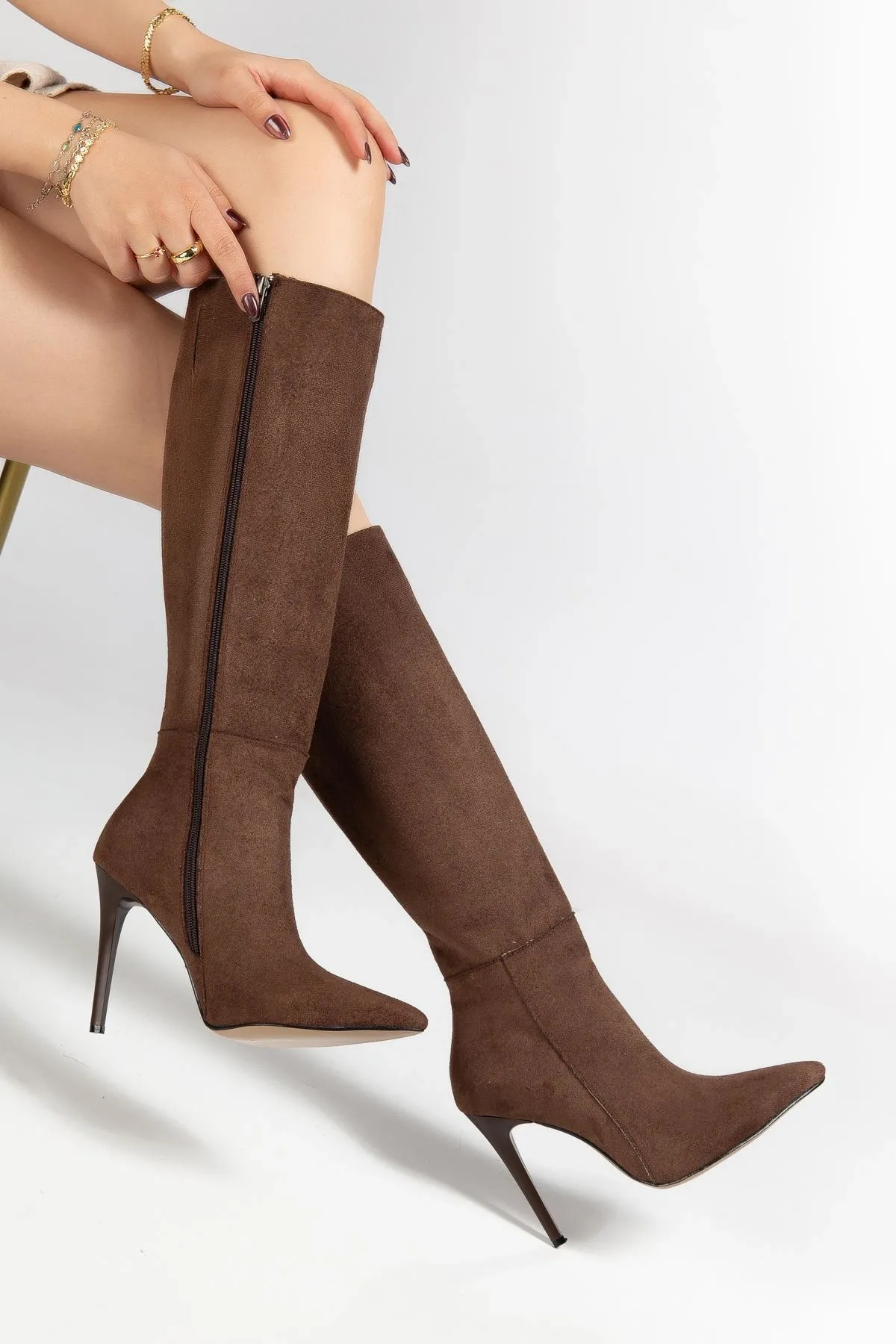 Ls-226 Kahve Süet Fermuarlı Lastikli İnce Yüksek Topuklu Kadın Çizme