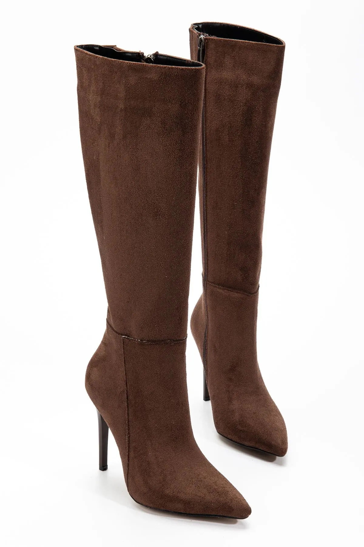 Ls-226 Kahve Süet Fermuarlı Lastikli İnce Yüksek Topuklu Kadın Çizme