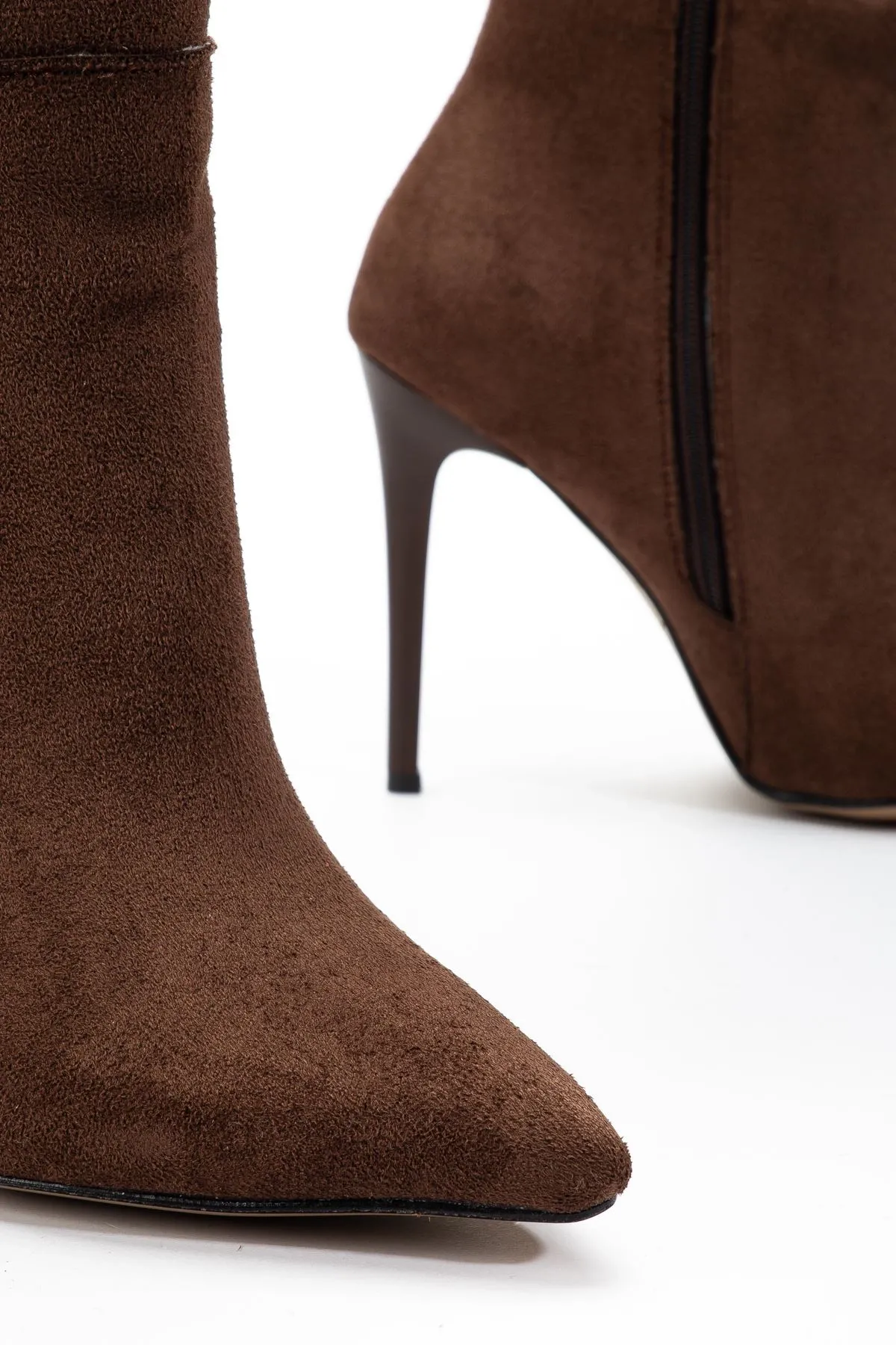 Ls-226 Kahve Süet Fermuarlı Lastikli İnce Yüksek Topuklu Kadın Çizme