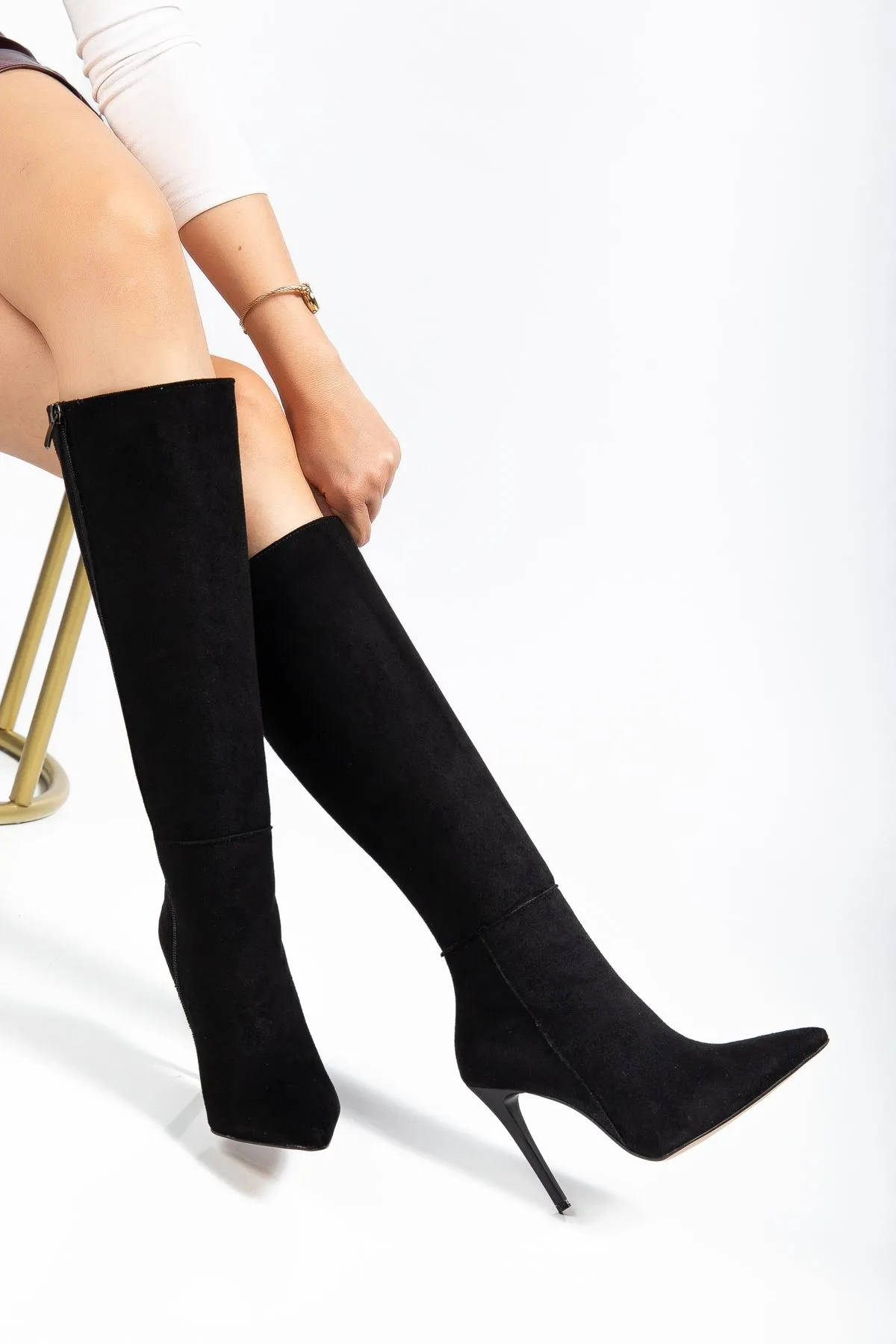 Ls-226 Siyah Süet Fermuarlı Lastikli İnce Yüksek Topuklu Kadın Çizme