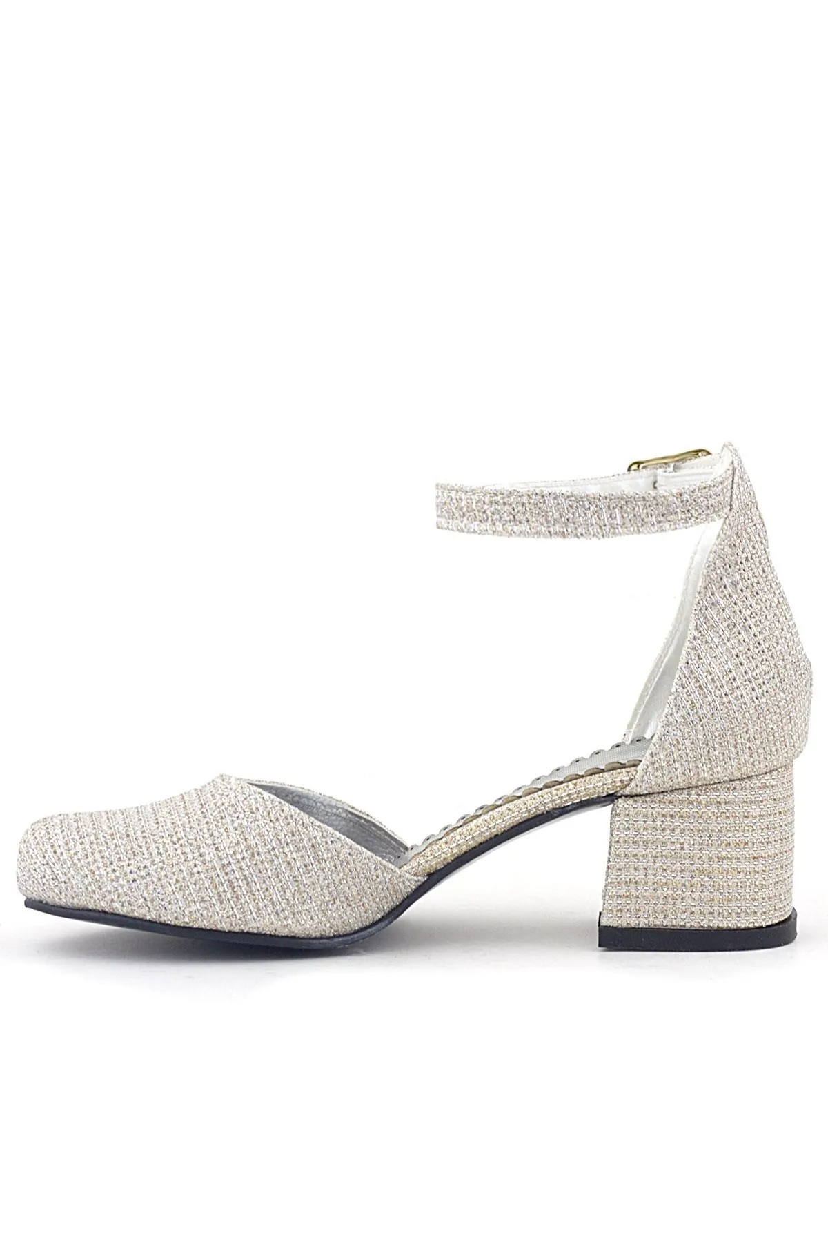 Merida Gold Simli Kalın Topuklu İnci Detaylı Kız Çocuk Topuklu Ayakkabı