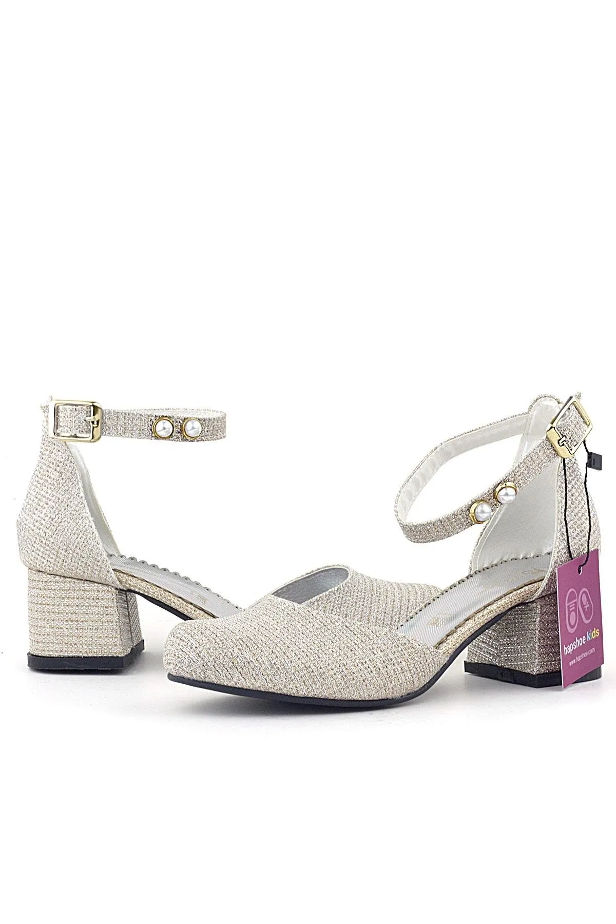 Merida Gold Simli Kalın Topuklu İnci Detaylı Kız Çocuk Topuklu Ayakkabı