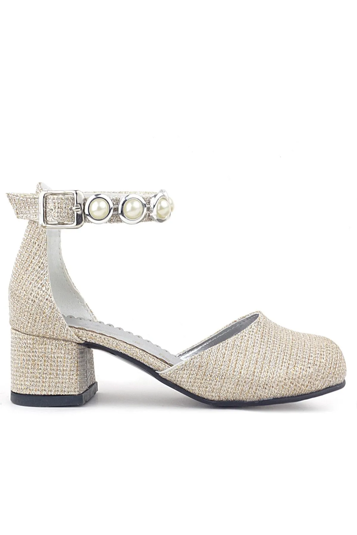 Merida Gold Simli Kalın Topuklu Taşlı Kız Çocuk Topuklu Ayakkabı