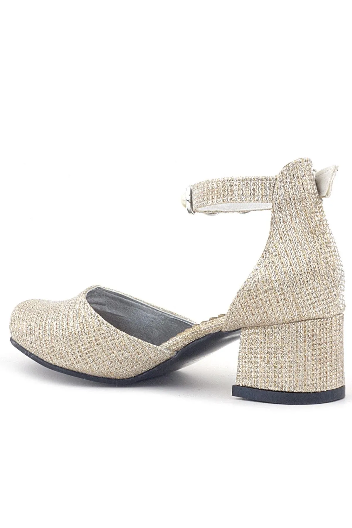 Merida Gold Simli Kalın Topuklu Taşlı Kız Çocuk Topuklu Ayakkabı